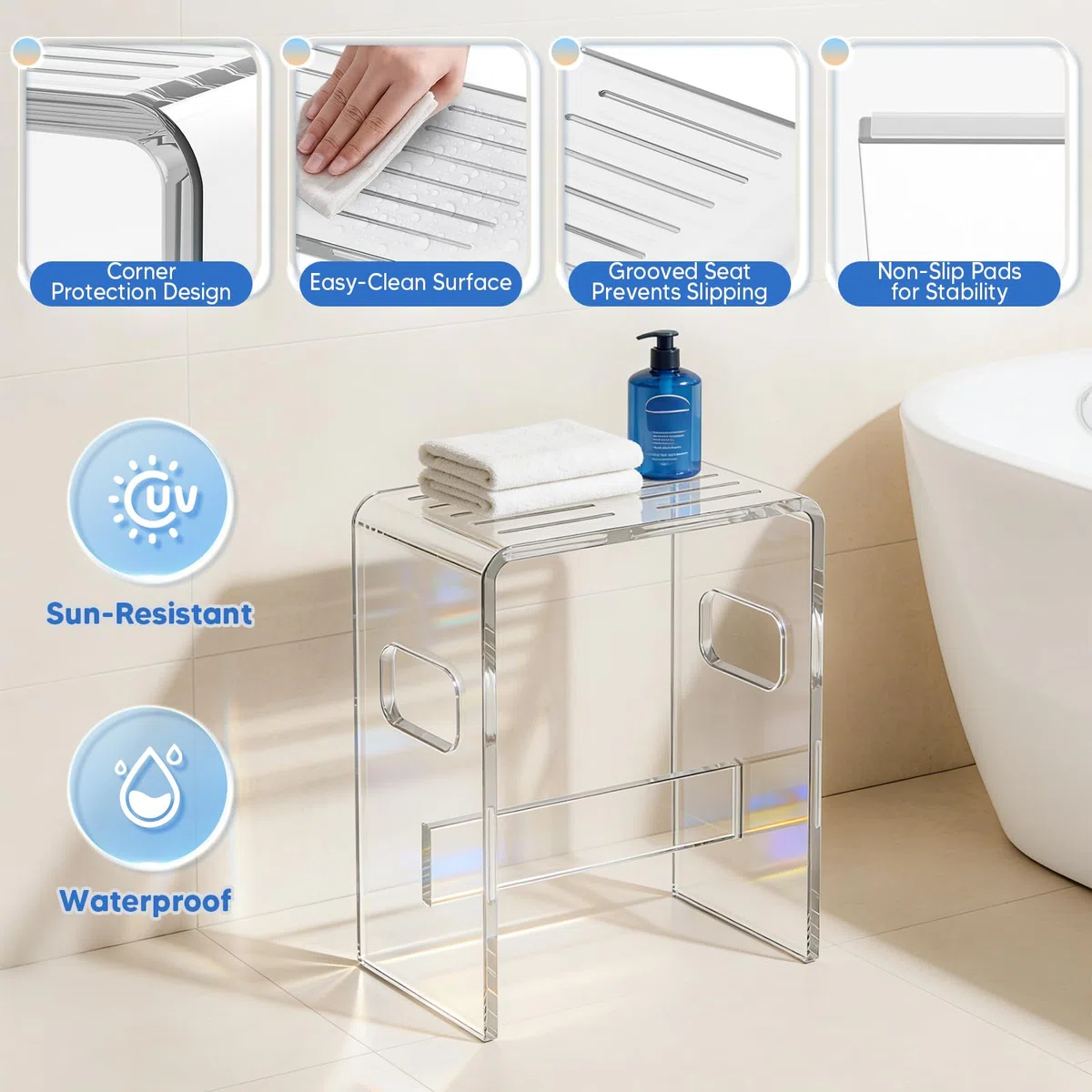 Sgabello da Doccia, Sedia da Doccia in Acrilico Trasparente (Portata 136kg) | Sgabello Trasparente Alto 43CM con Fessure di Drenaggio e Piedini Antiscivolo, Ideale per Sedersi