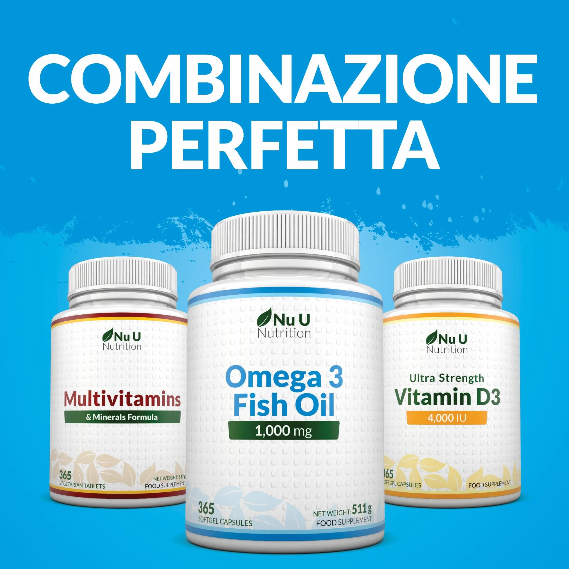 Nu U Nutrition Omega 3 Olio di Pesce 1000mg TG 365 Capsule Softgels EPA DHA