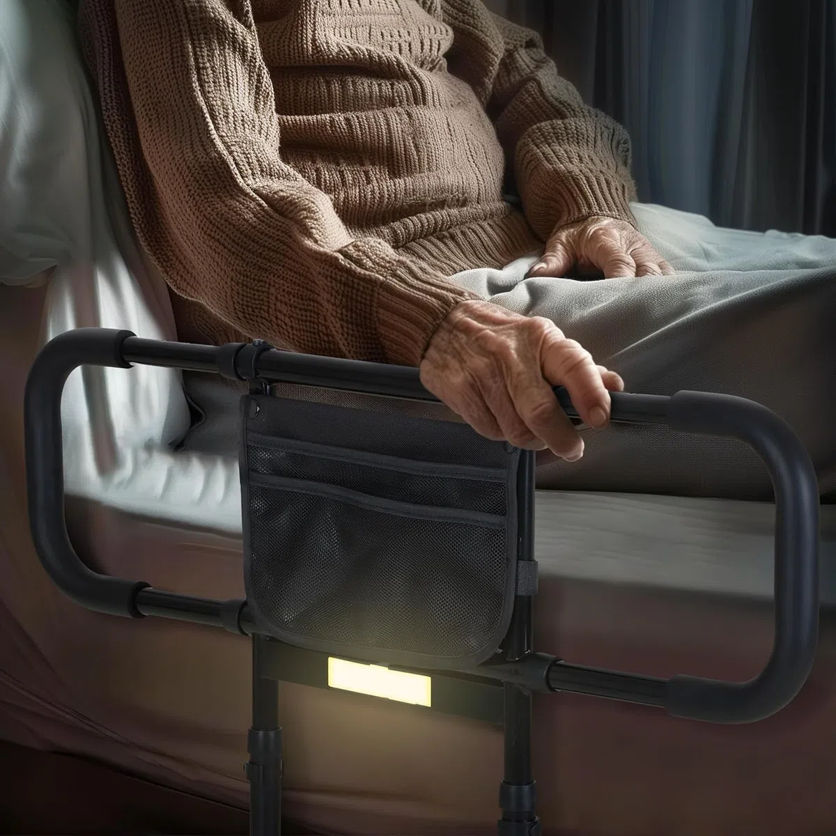 Sponda Letto Anziani Anticaduta Ausili per Alzarsi Dal Letto Regolabile in Altezza con Luce a Sensore, Supporto per Alzarsi, Sbarra di Sicurezza, Portata Fino a 180KG