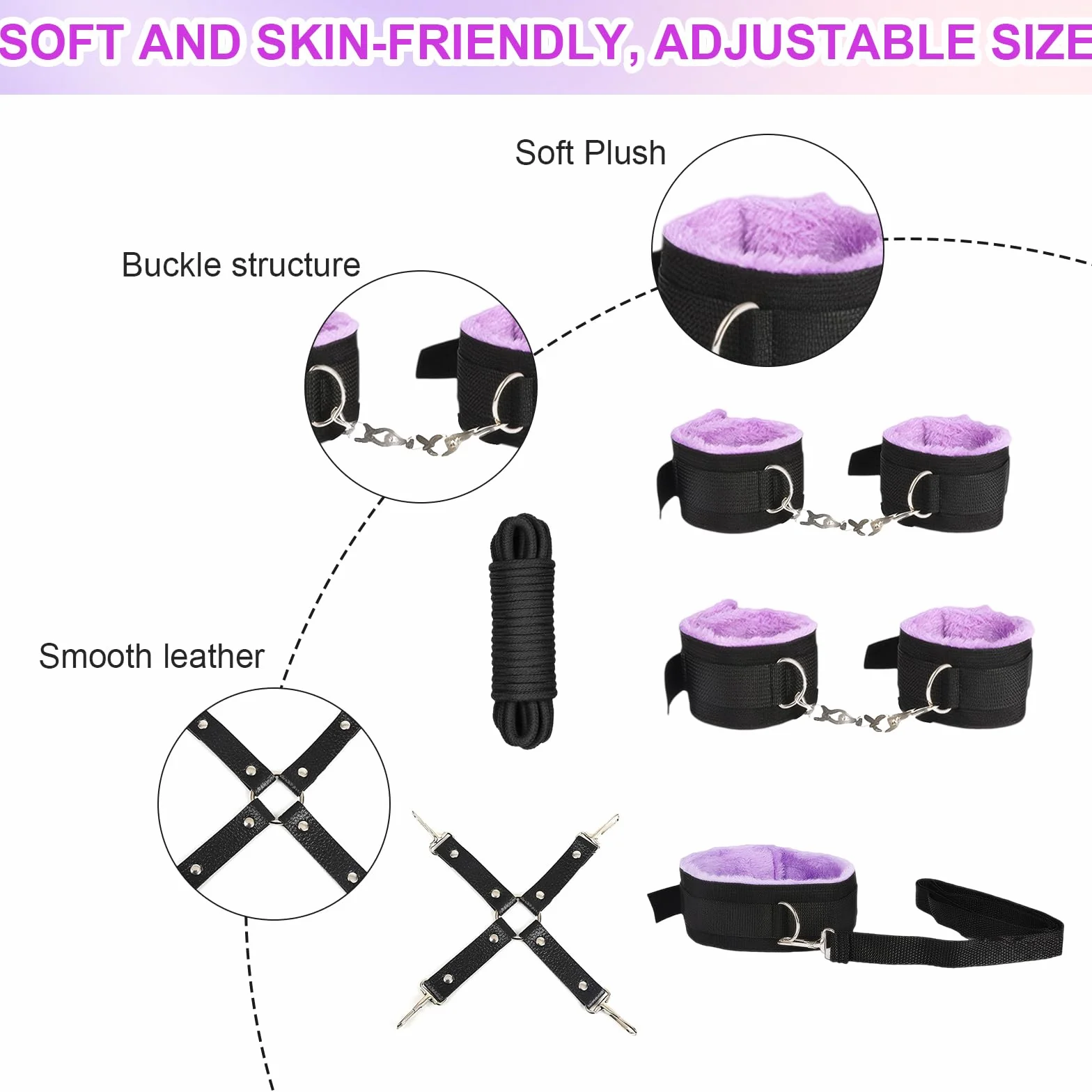 Coppia Boňdage Set 26 Pezzi Giocattoli Sessuali con Manette Regolabili Cavigliere Frusta Maschera Occhi Bacchetta Piume Vibratore Viola