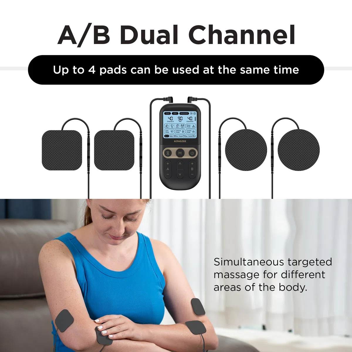 4 in 1 - Unità TENS e fai da te, stimolatore muscolare EMS e massaggio, macchina terapeutica con unità TENS a doppio canale per alleviare il dolore (Nero)