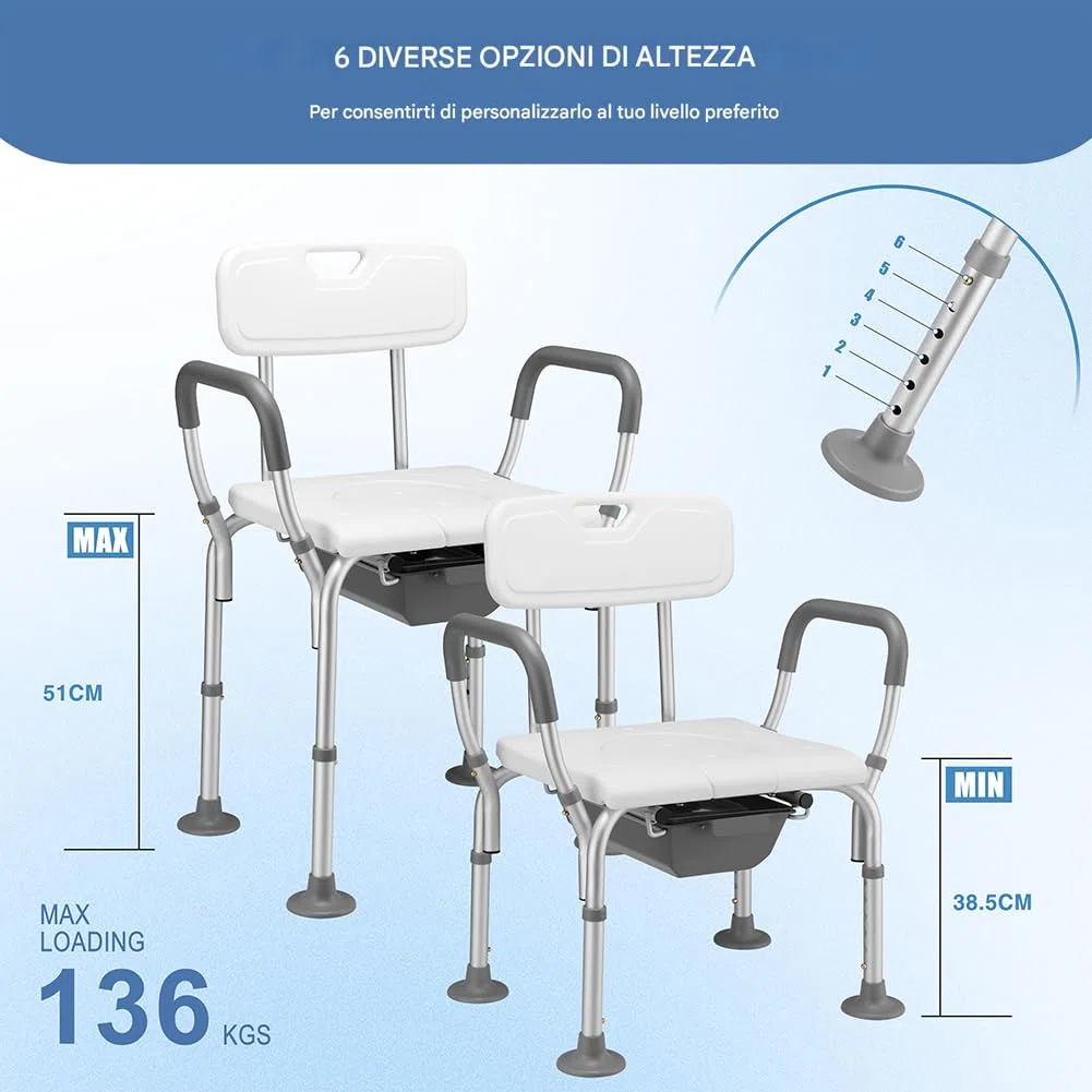 BAKAJI Sedia Sgabello WC da Bagno Doccia in Alluminio per Anziani, Disabili e Persone Mobilità Ridotta, Seduta Ergonomica e Maniglie di Ausilio, Secchio Coperchio Rimovibile Altezza Regolabile 73–85cm