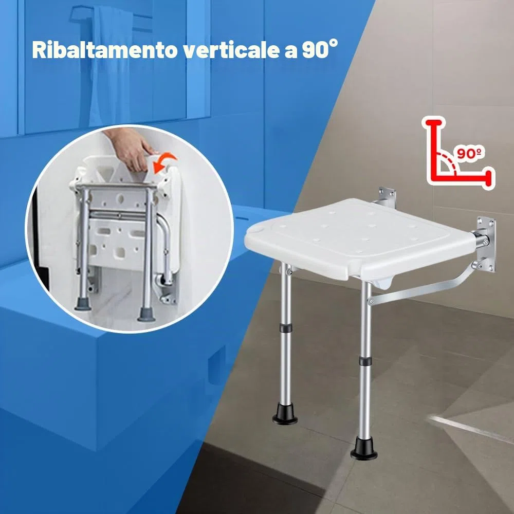 Sgabello da doccia pieghevole, montaggio a parete, sgabello da bagno avvitato con piedini antiscivolo, foro di scarico, fessura per soffione doccia per anziani con disabilità, 42-53 mm