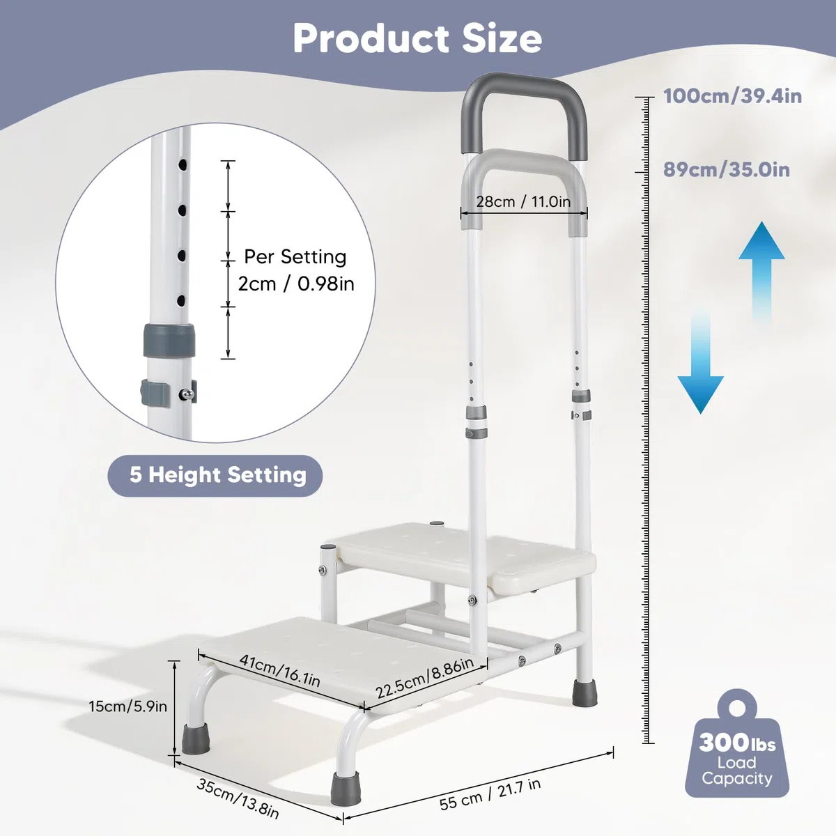Scaletta da bagno con maniglione di supporto per anziani | Altezza regolabile in 5 posizioni (89-100 cm) | Sgabello a 2 gradini, portata massima 135 kg | Antiscivolo, ideale per vasca da bagno cucina