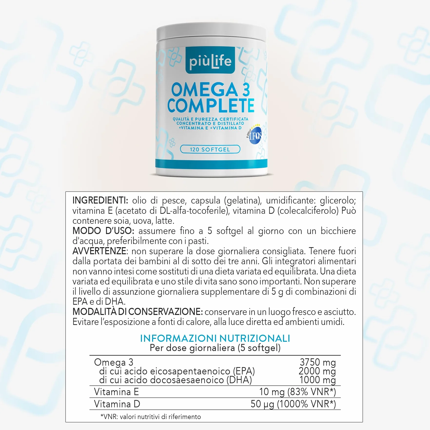Omega 3 IFOS 5 Stelle Certificato Con Vitamina D3 2000 UI PiùLife 120 Softgel 2000mg EPA 1000mg DHA Olio di Pesce