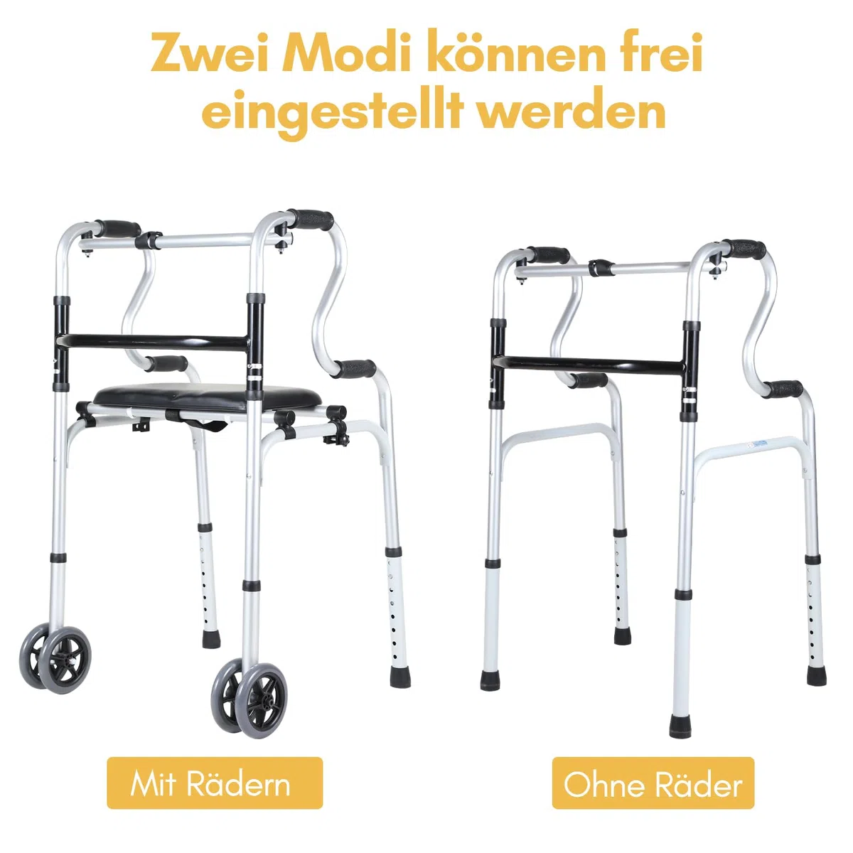 Deambulatore pieghevole 2 ruote girevoli, supporto camminare, regolabile altezza, alluminio, antiscivolo, stabile, fino a 180 kg, argento