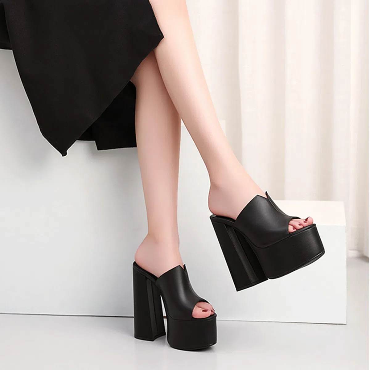 15CM Spessore Tacco Alto Sandali Doppia Piattaforma Slip-on Pantofole Aperte Punta Rotonda Comodi Sandali Estivi
