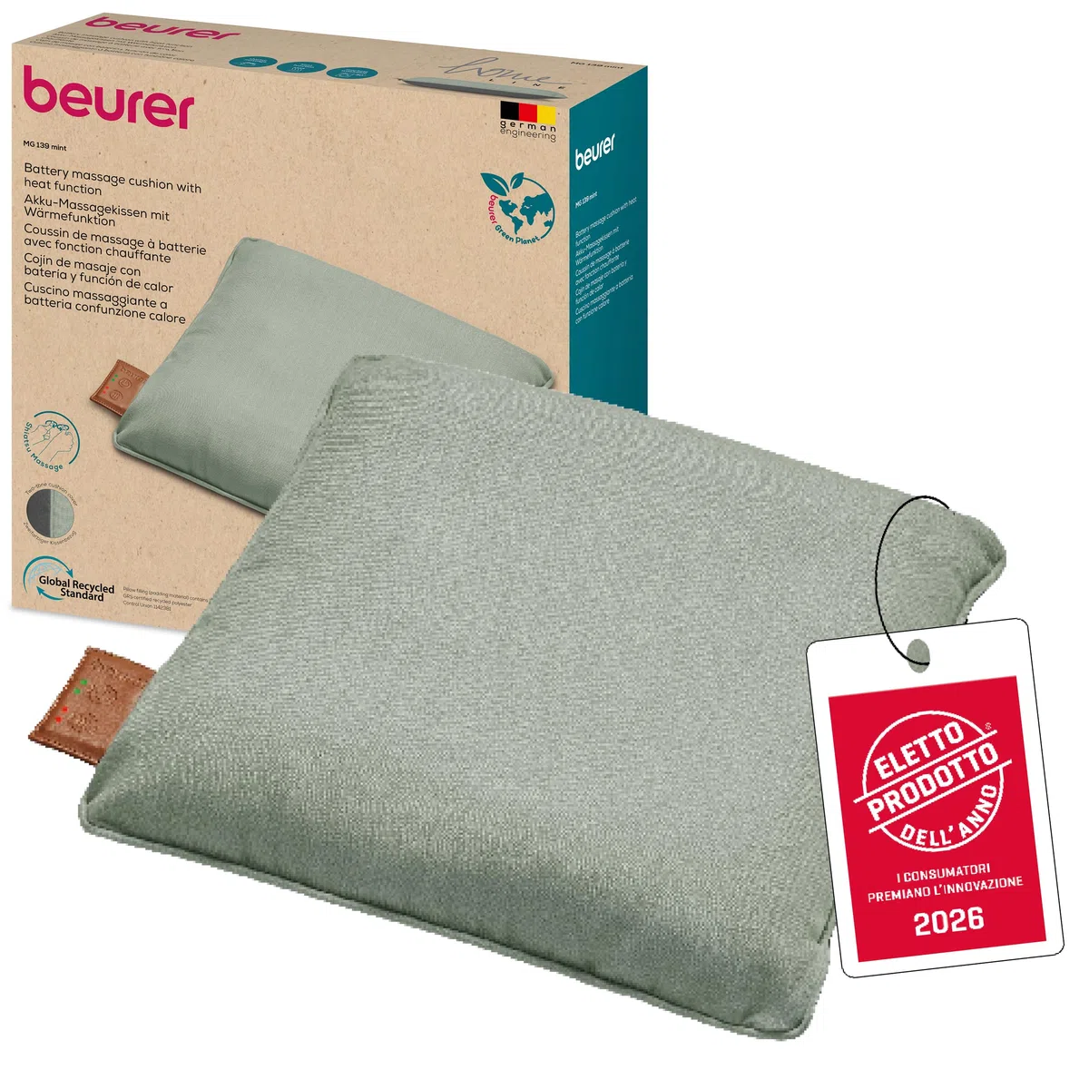 Cuscino massaggiante Beurer MG 139 a batteria con funzione calore attivabile, massaggio Shiatsu, realizzato in materiale riciclato, lavabile in lavatrice, spegnimento automatico, 40x40 cm, verde menta
