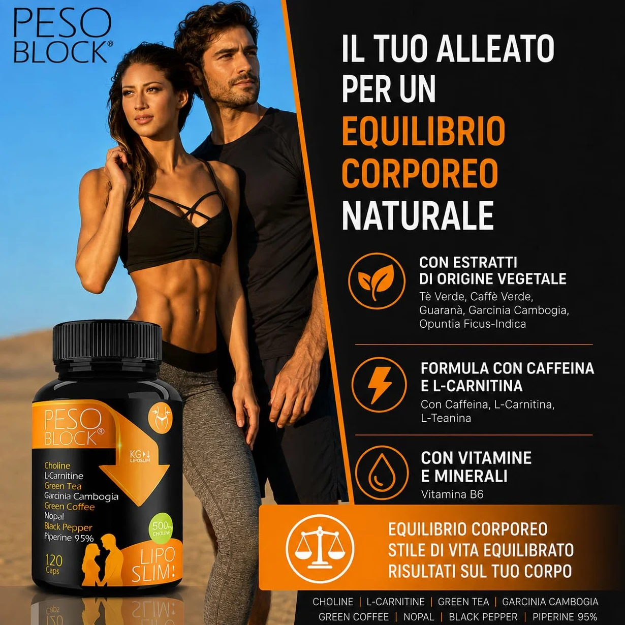 Peso Block Integratore Supporto Dieta con Piperina, Colina, Carnitina, Nopal e Garcinia 120 Capsule