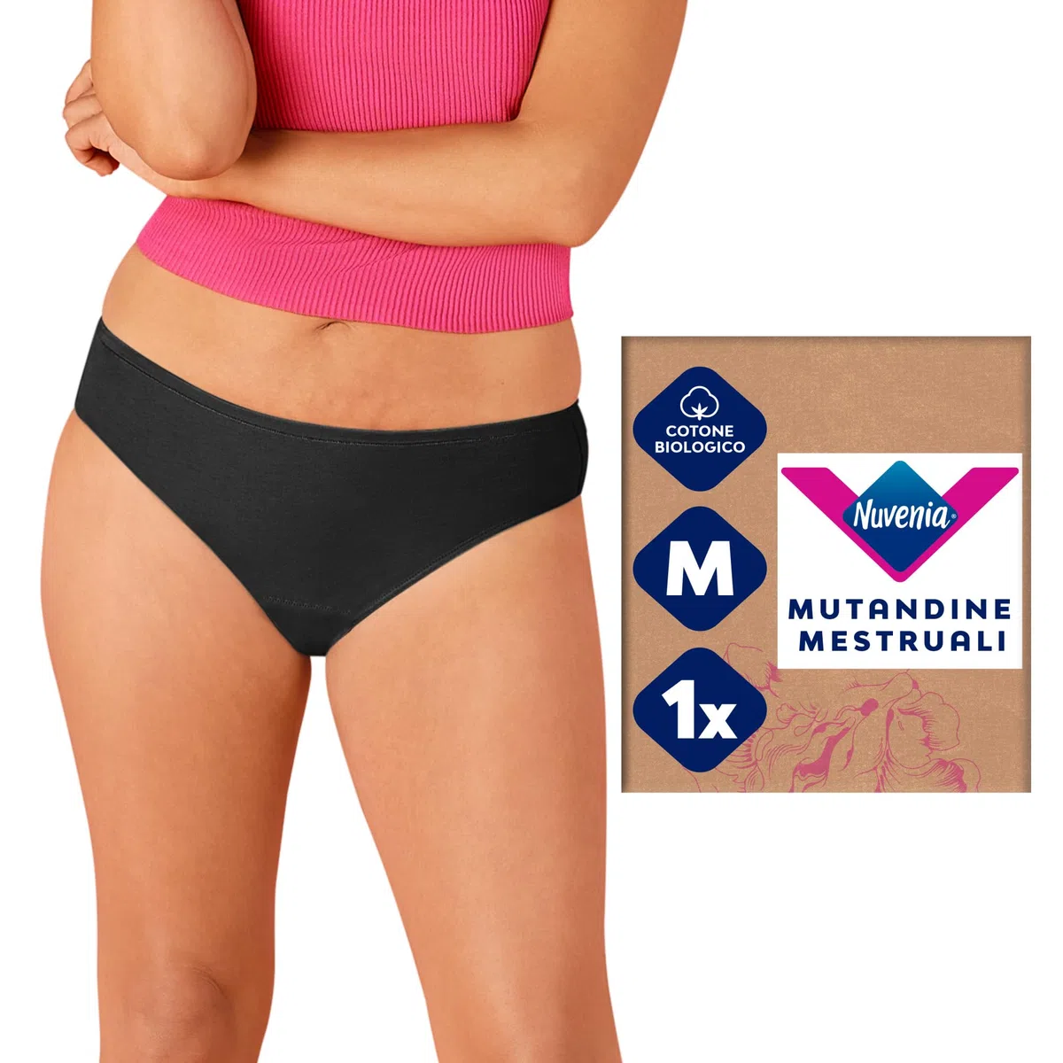 Nuvenia, Mutandine Mestruali in Cotone Biologico, Modello Slip Brazilian, Lavabili e riutilizzabili con Protezione Integrata per Giorno e Notte, Flusso Abbondante, 1 Confezione