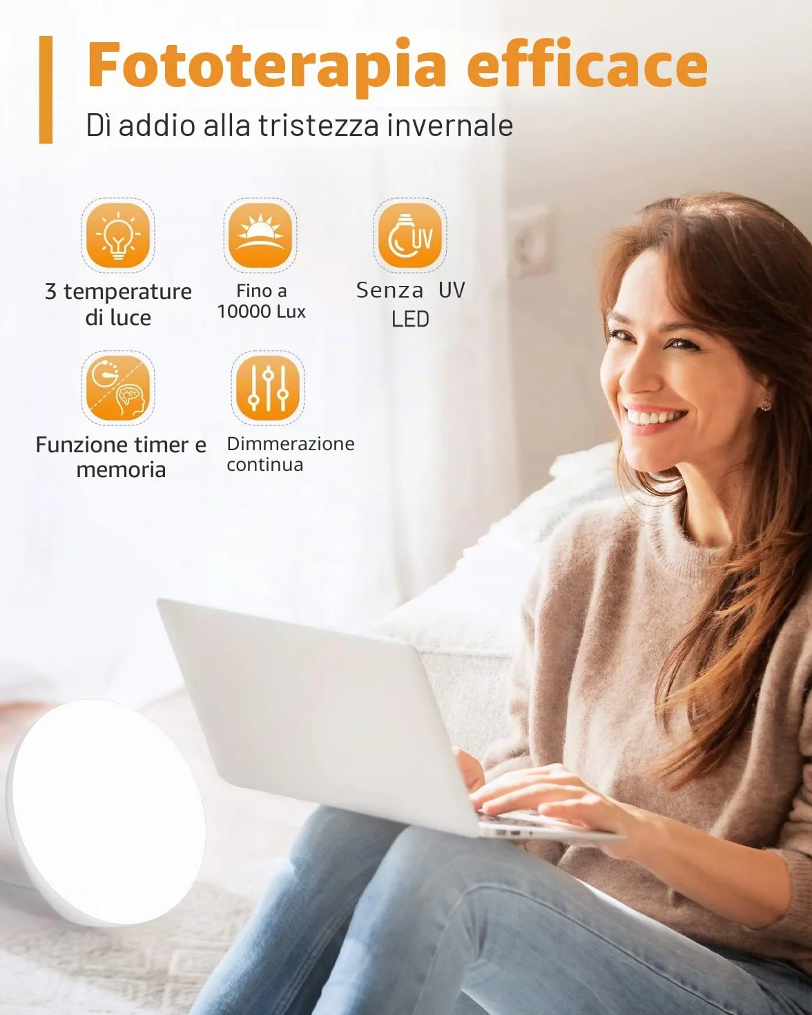 Lampada per fototerapia 10.000 Lux con colori regolabili, luminosità e timer, senza UV, bianca