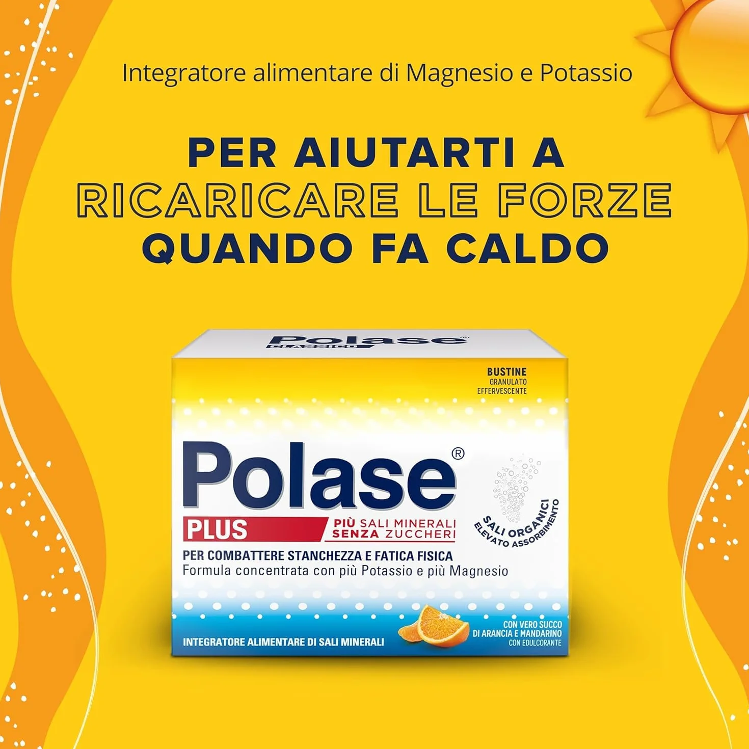 Polase Plus Magnesio e Potassio Integratore Alimentare Sali Minerali Stanchezza Fatica Caldo Gusto Arancia Mandarino 48 Bustine