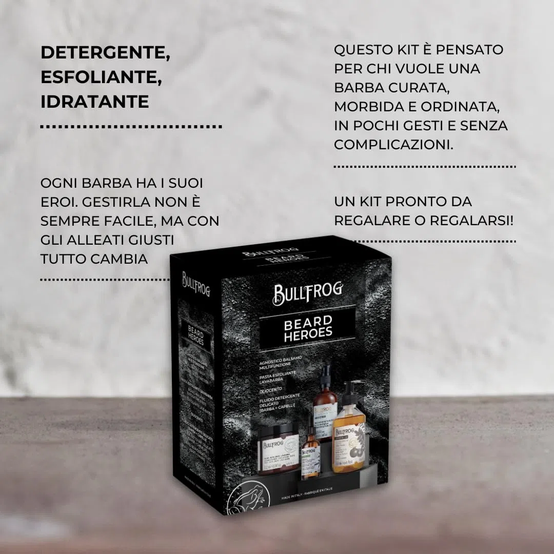 Bullfrog - Kit Beard Heroes, Agnostico Balsamo Multifunzione Originale 100ml, Pasta Esfoliante Lavabarba 100ml, Oliocento 50ml, Fluido Detergente Delicato 250ml