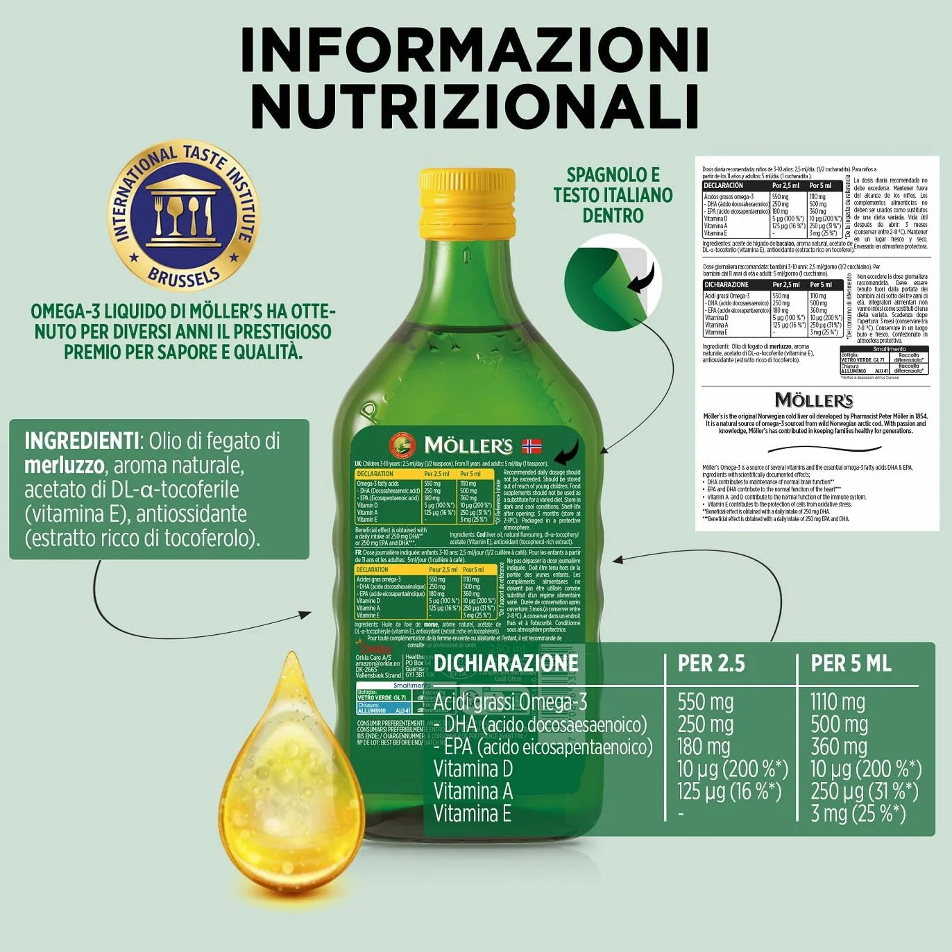 Moller's Olio di fegato di merluzzo Omega 3 500 ml Limone EPA DHA Vitamine A D E