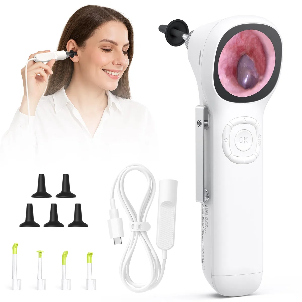 ScopeAround Otoscopio con luce, 720P HD per la pulizia dell'orecchio fotocamera e 6 luci LED telescopio orecchio, 1,44 pollici IPS display digitale otoscopio auricolare con cavo di estensione