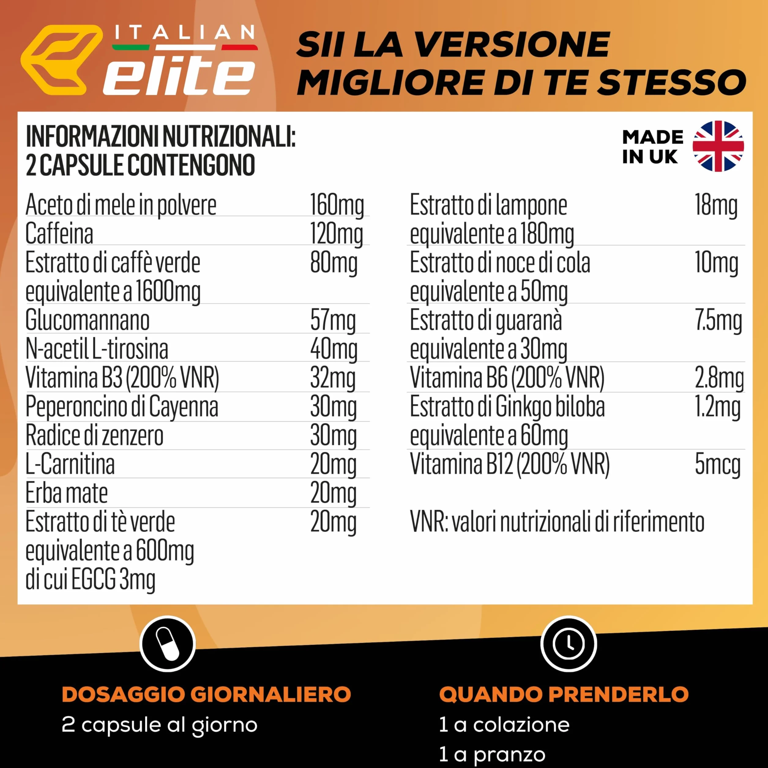 Italian Elite Elite Extreme 120 Capsule Integratore Alimentare Caffeina Tè Verde Carnitina Glucomannano Aceto di Mele Guaranà Energia Focus