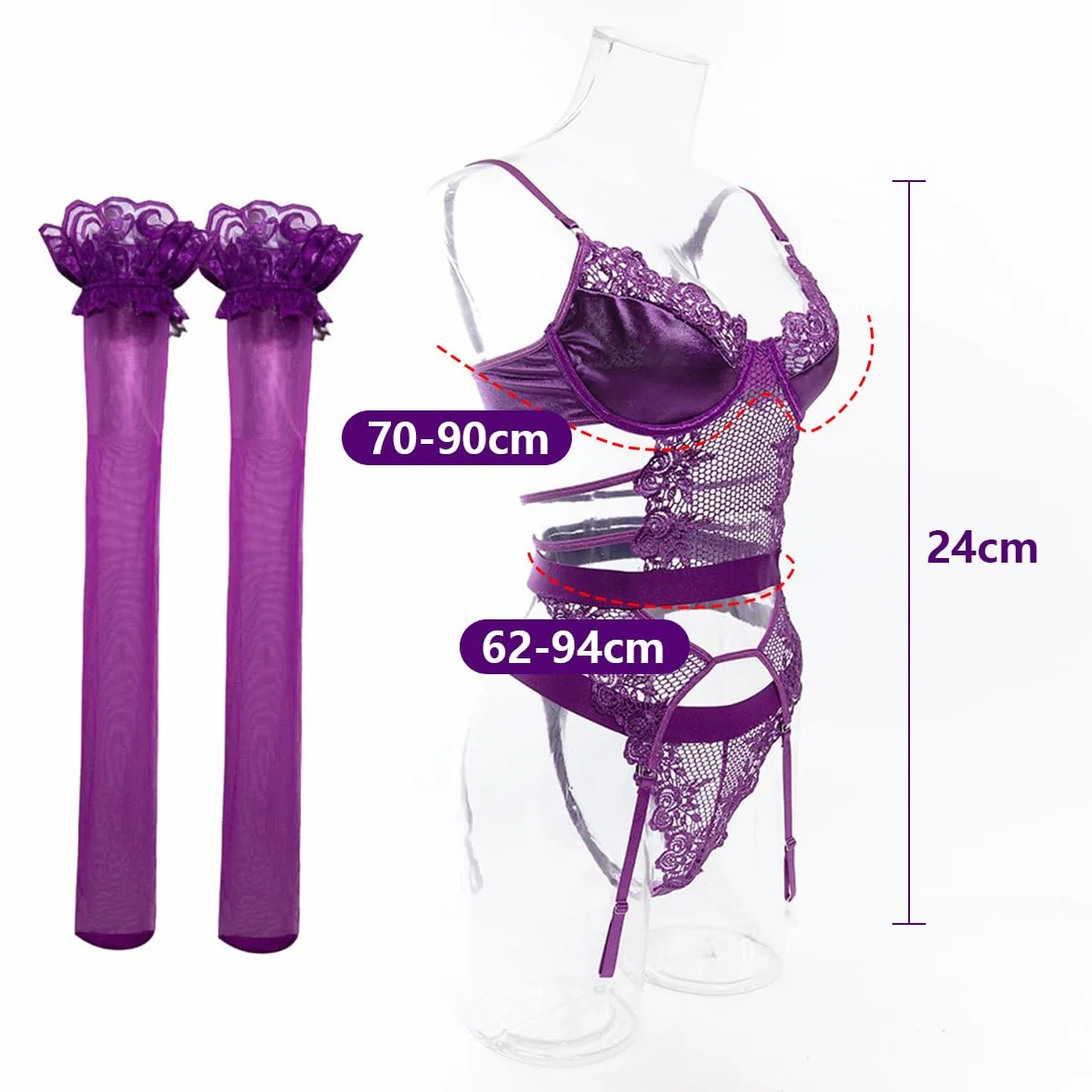Set Lingerie Donna Body Pizzo Sexy Polsini Cosce Giarrettiera Guanti Lunghi Calze Ricamo Floreale Viola M