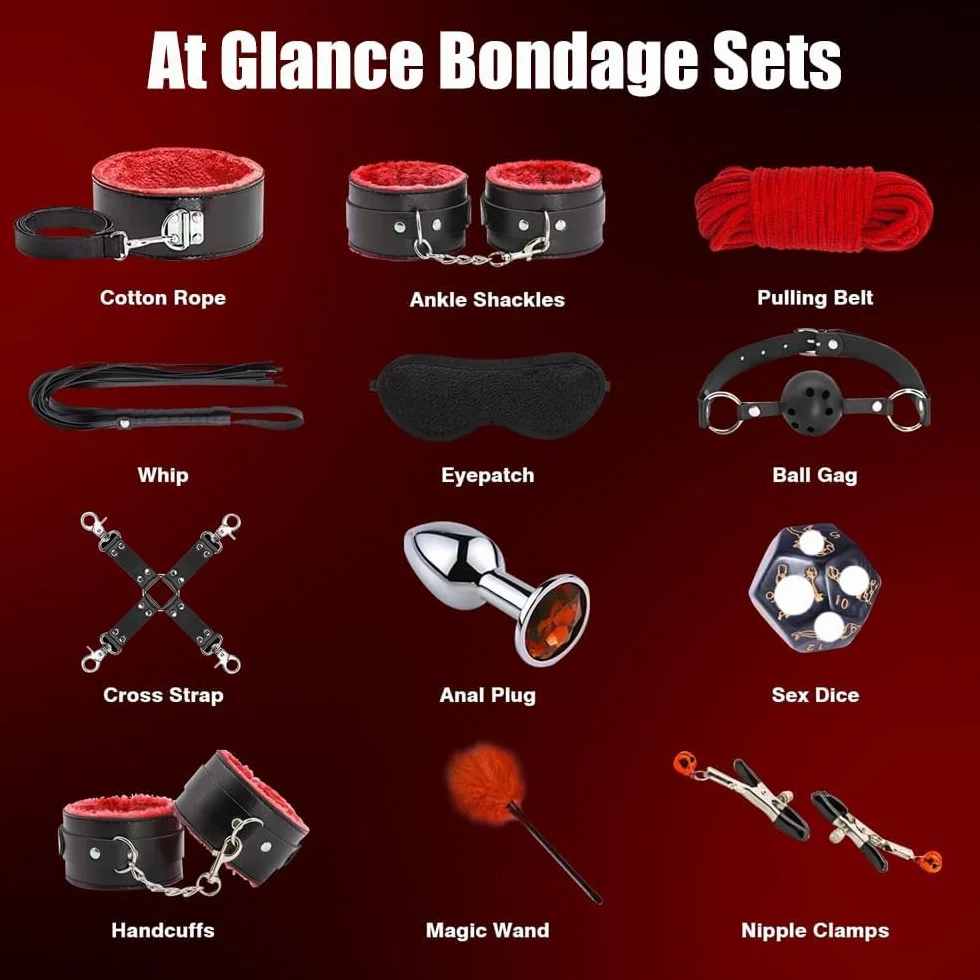 Set Bondage SM per Coppie Set Completo con Benda Plug Anale Palla da Bocca Frusta di Piume d'Oca Giocattolo Bondage Premium Kit SM Estremo