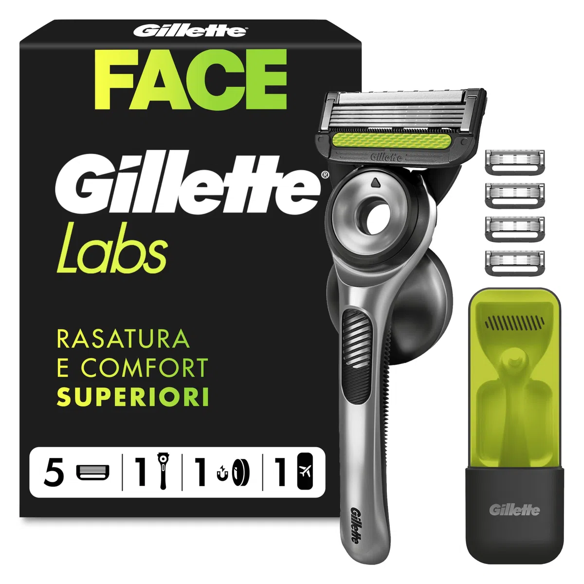 Gillette Labs Rasoio a Mano Libera con Barra Esfoliante e Lamette di Ricambio, 1 Manico + 5 Lamette Gillette Labs di Ricambio, Include Gancio da Parete e Custodia da Viaggio