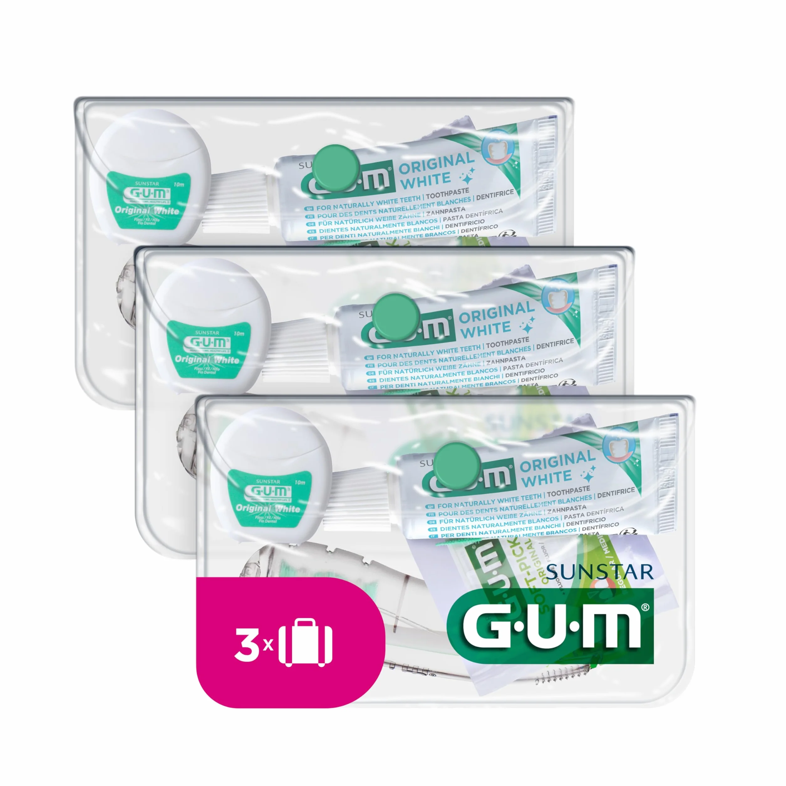 GUM TRAVEL Kit Igiene Orale da Viaggio 3 Pezzi Spazzolino Dentifricio Filo Scovolini