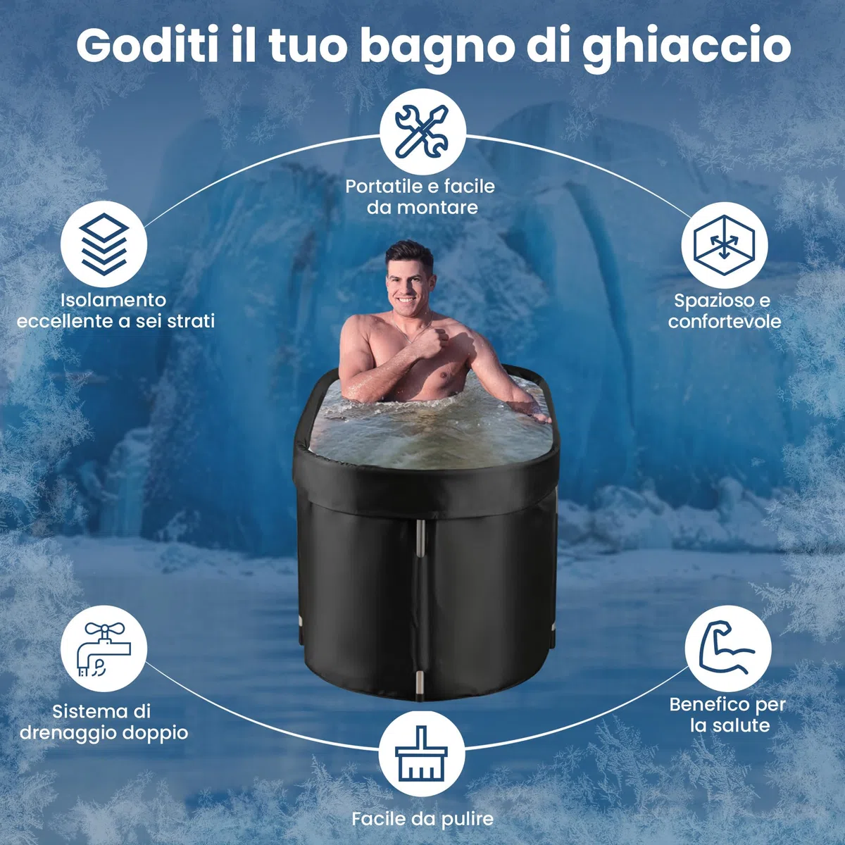 Faas Bagno di Ghiaccio XL 420L – Vasca Pieghevole per Adulti – Con Coperchio, Tubo di Scarico & Accessori – Ice Bath – Portatile, PVC Resistente, Facile da Montare – Nero