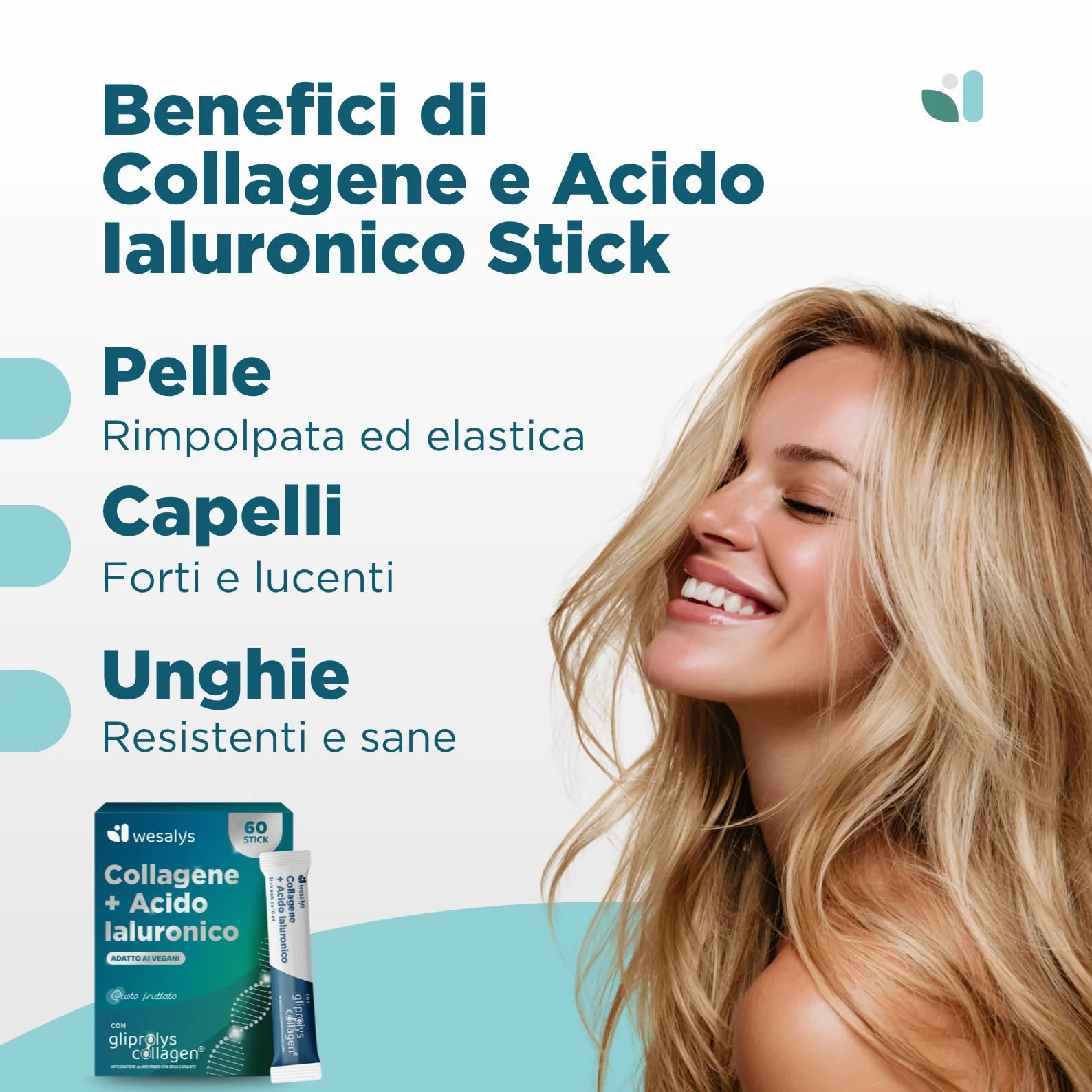 Collagene da Bere con Acido Ialuronico e Gliprolys® Integratore 60 Stick per Pelle Capelli Articolazioni