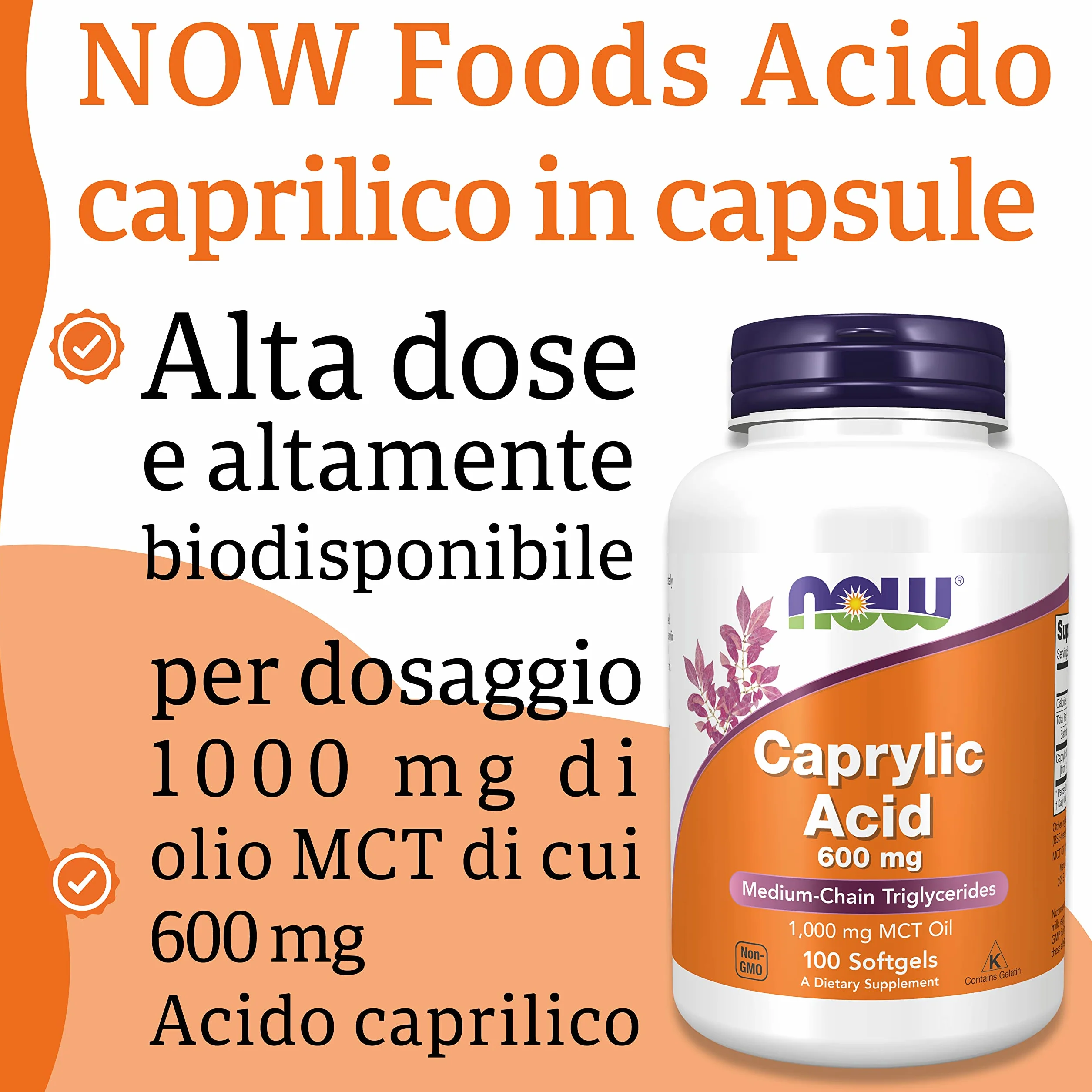 Now Foods Caprylic Acid 600mg 100 Softgels Bez Glutenu Bez Soi Non GMO