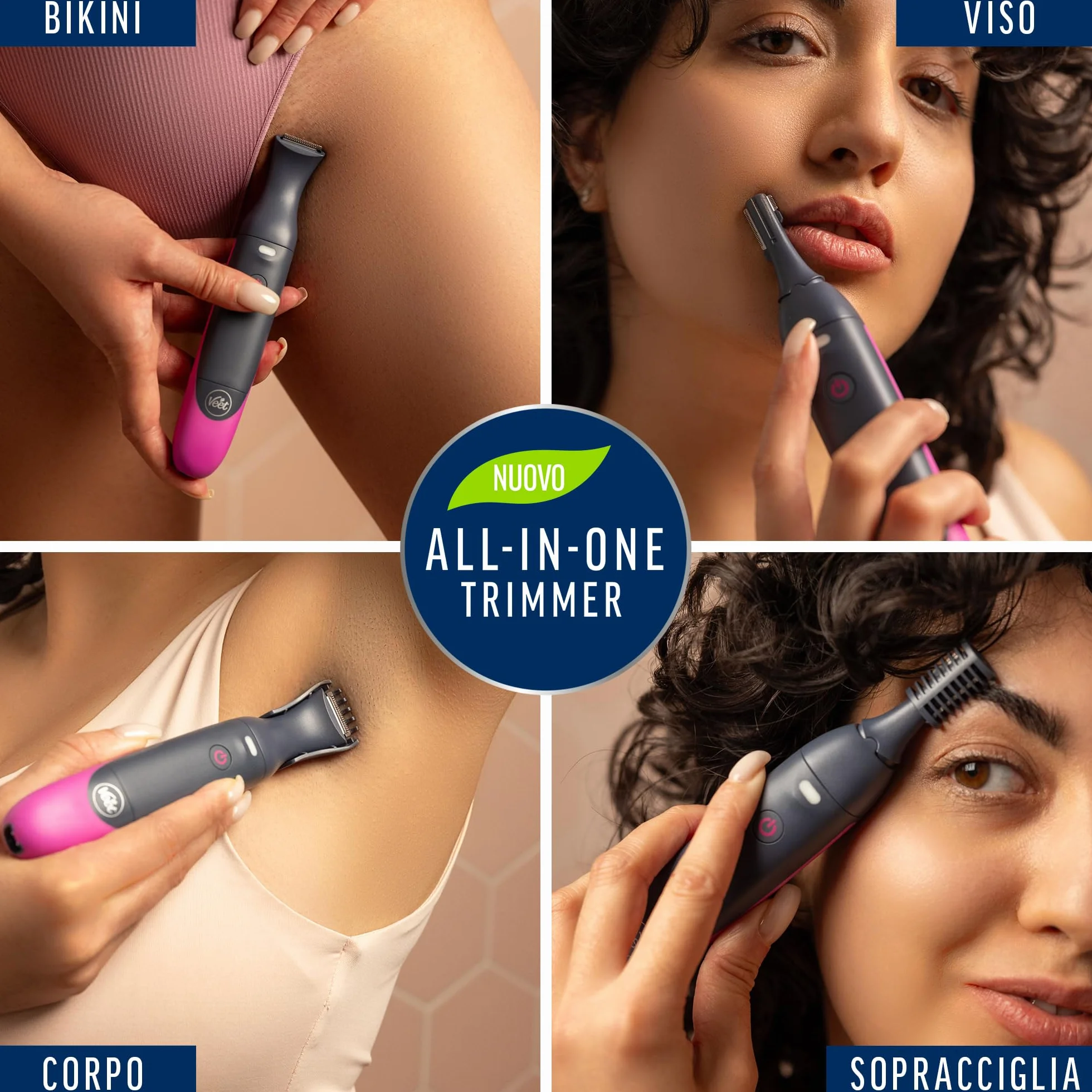 Veet Expert All-In-One Trimmer Rasoio Elettrico Donna Viso Parti Intime 100% Waterproof 2 Testine 3 Pettini Cordless Pochette Regalo