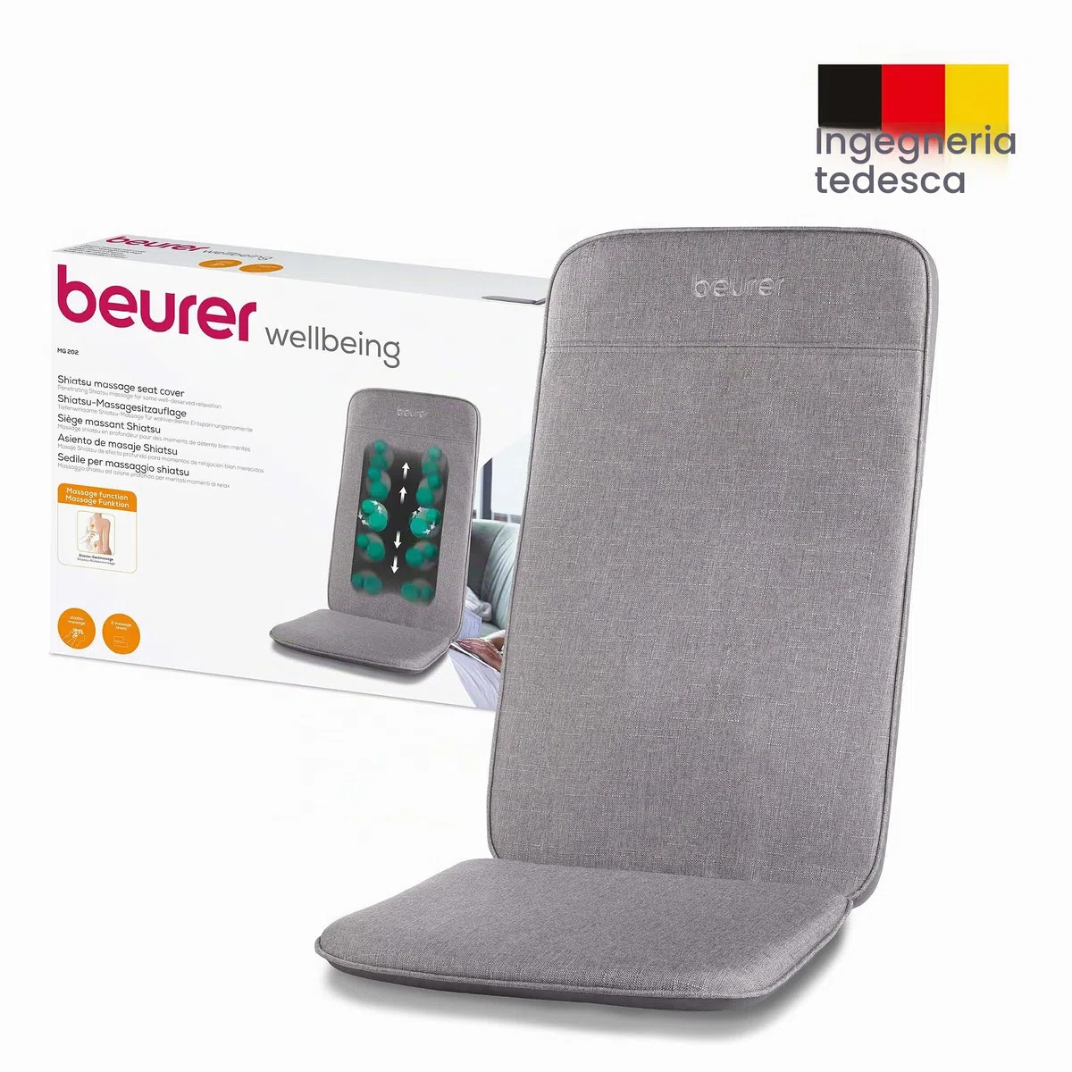 Beurer MG 202 - Cuscino massaggiante shiatsu per la casa e l'ufficio, 2 livelli di intensità, corpo posteriore sottile, adatto per poltrone, divani e sedie da ufficio, design moderno, grigio chiaro