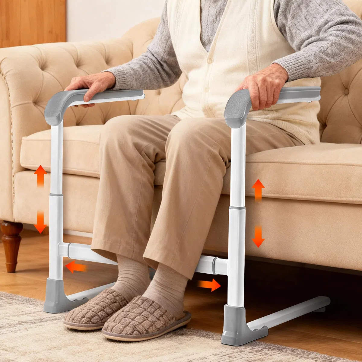 Ausilio per alzarsi dal divano e dalla poltrona, Supporto regolabile in altezza e larghezza (48-53 cm) Maniglie antiscivolo in TPE, Corrimano per mobilità, Per disabili e persone con ridotta mobilità