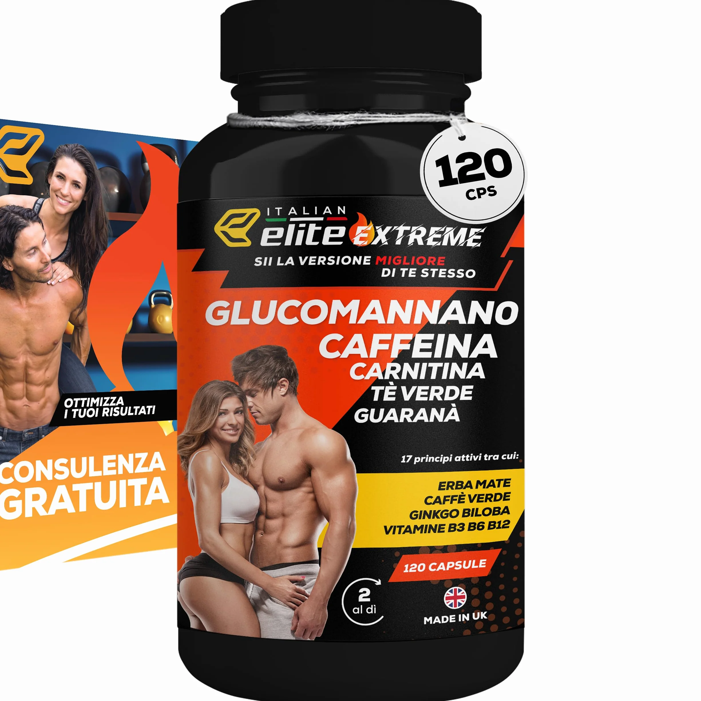 Italian Elite Elite Extreme 120 Capsule Integratore Alimentare Caffeina Tè Verde Carnitina Glucomannano Aceto di Mele Guaranà Energia Focus