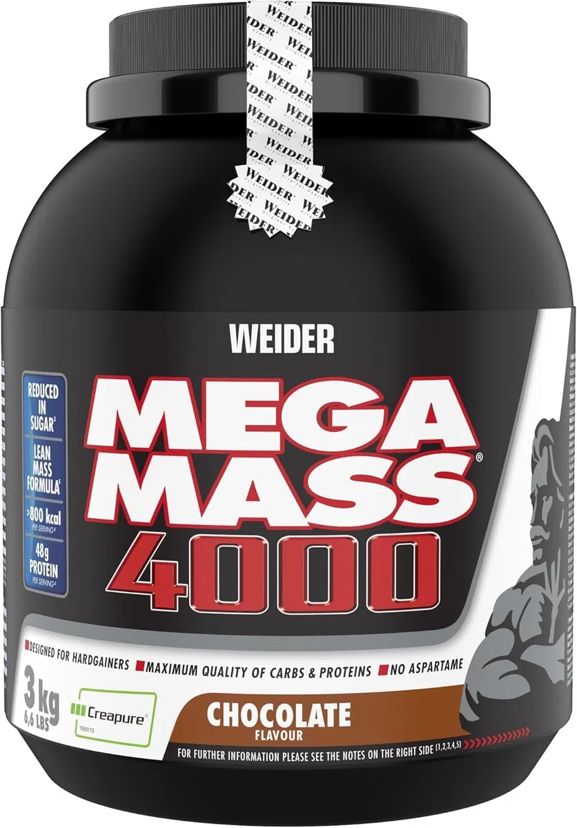 Weider - Mega Mass 4000 - Polvere per l'Aumento di Peso con 48 g di Proteine ​​e Creatina per Porzione - Per lo Sviluppo Muscolare e un Apporto Elevato di Calorie - 3 kg - Cioccolato