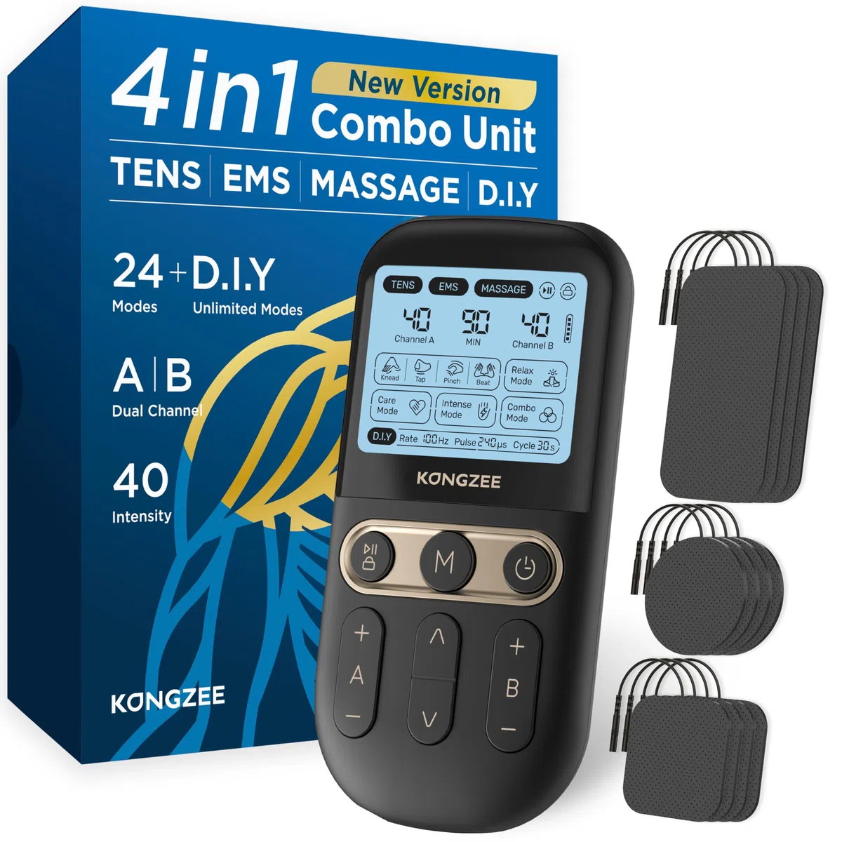 4 in 1 - Unità TENS e fai da te, stimolatore muscolare EMS e massaggio, macchina terapeutica con unità TENS a doppio canale per alleviare il dolore (Nero)