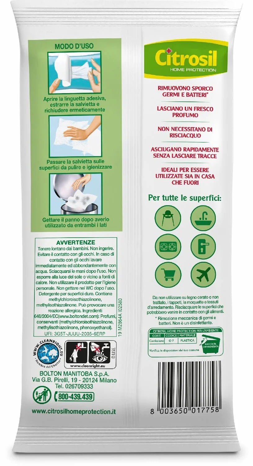 Citrosil Salviette Multisuperfici Igienizzanti 12x40 Panni con Essenze di Limone