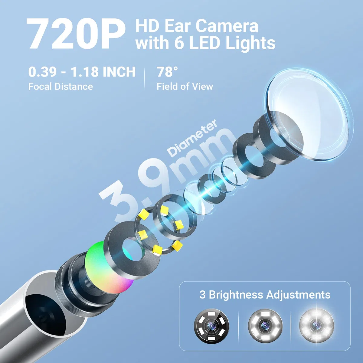 ScopeAround Otoscopio con luce, 720P HD per la pulizia dell'orecchio fotocamera e 6 luci LED telescopio orecchio, 1,44 pollici IPS display digitale otoscopio auricolare con cavo di estensione
