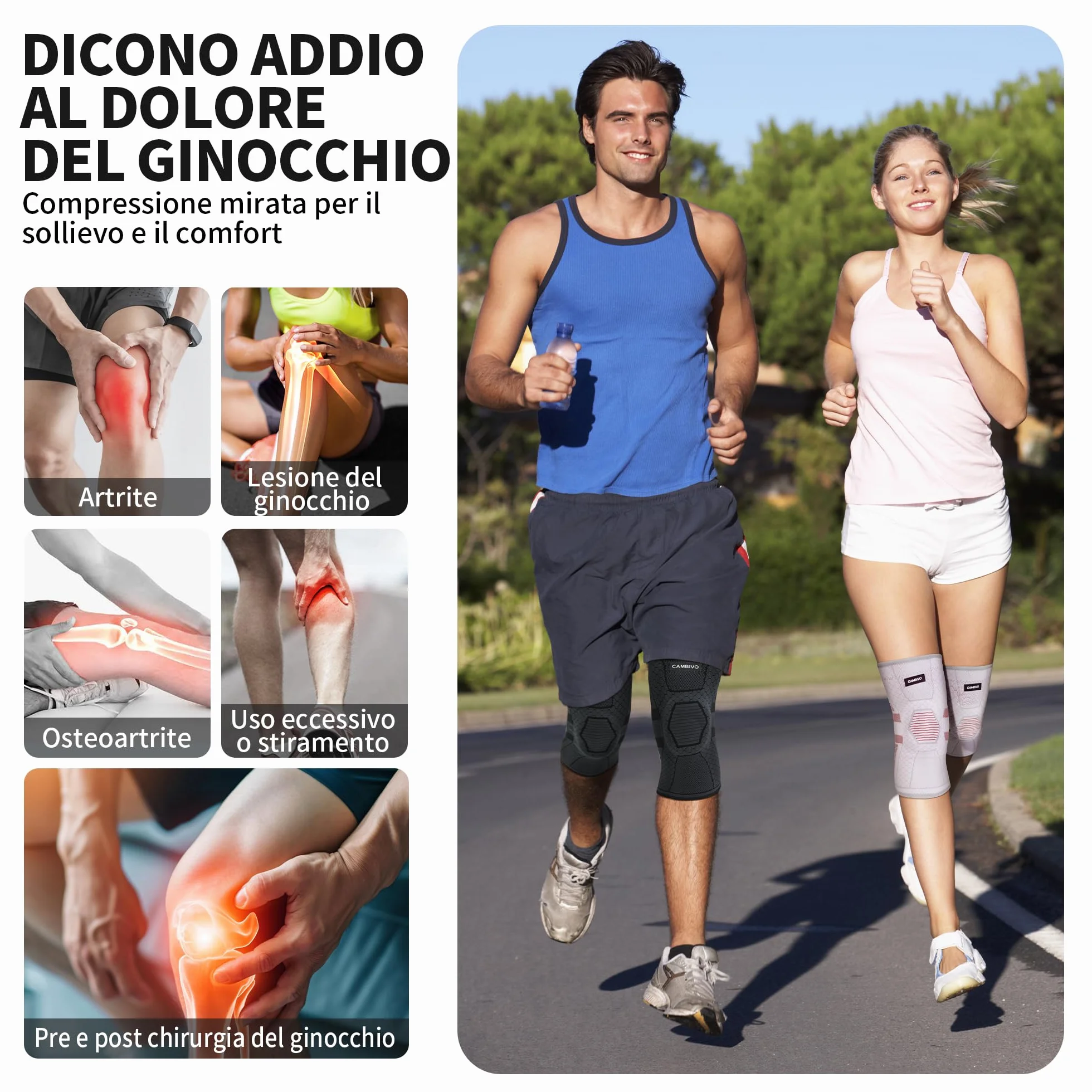 CAMBIVO Ginocchiera Ortopedica Compressione 2 Pezzi con Stabilizzatori Laterali PMMA e Gel Pad Rotulea