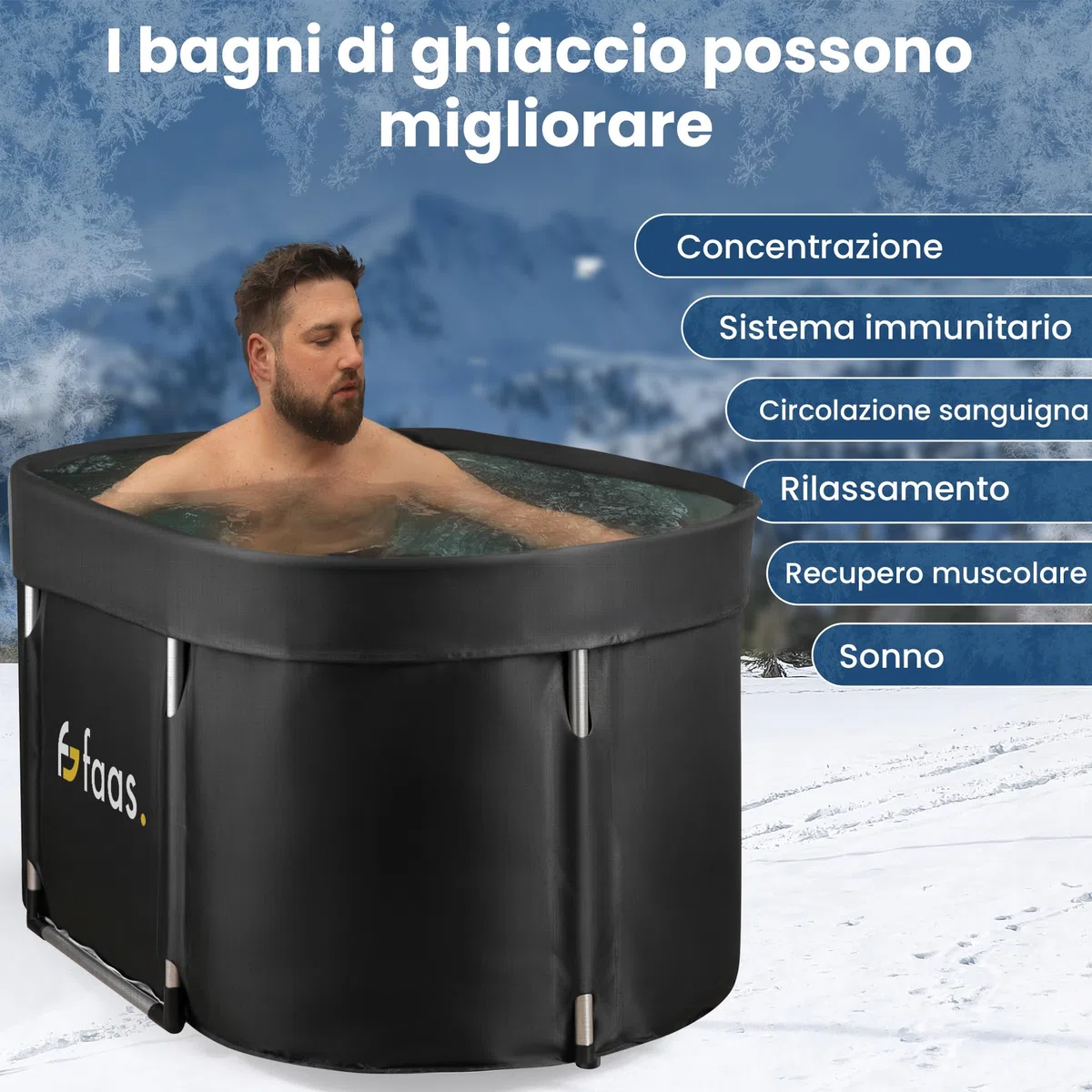 Faas Bagno di Ghiaccio XL 420L – Vasca Pieghevole per Adulti – Con Coperchio, Tubo di Scarico & Accessori – Ice Bath – Portatile, PVC Resistente, Facile da Montare – Nero