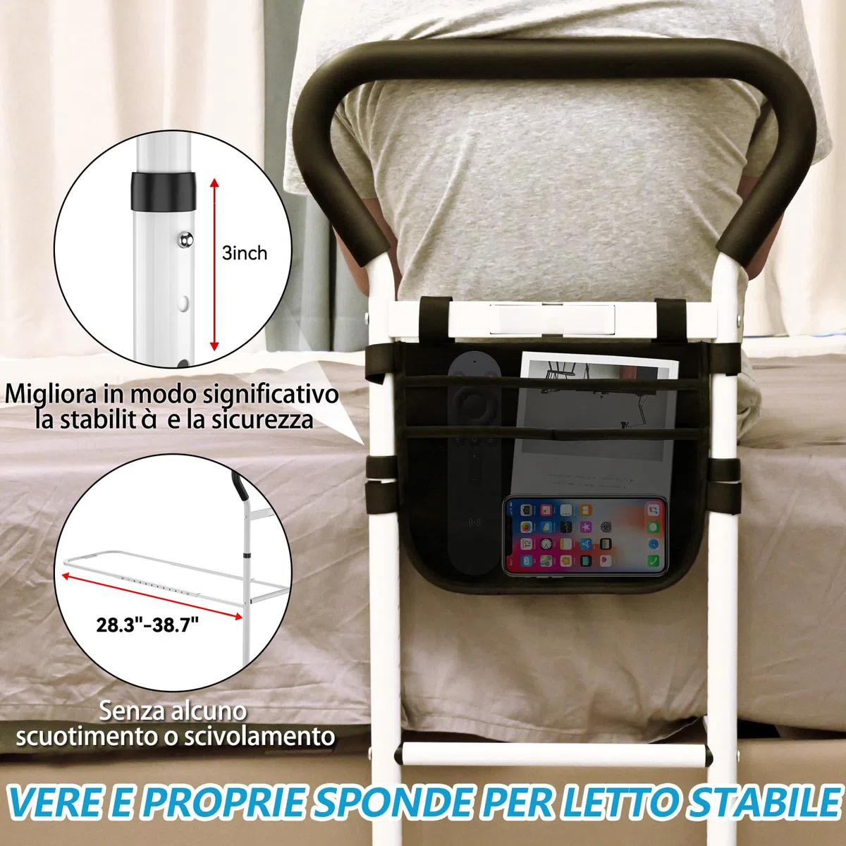 Sponda Letto Anziani Con Sensore Di Movimento Luce Notturna E Custodia Portaoggetti Sponde Letto Anziani Maniglia Per Barra Di Assistenza Anti-Caduta