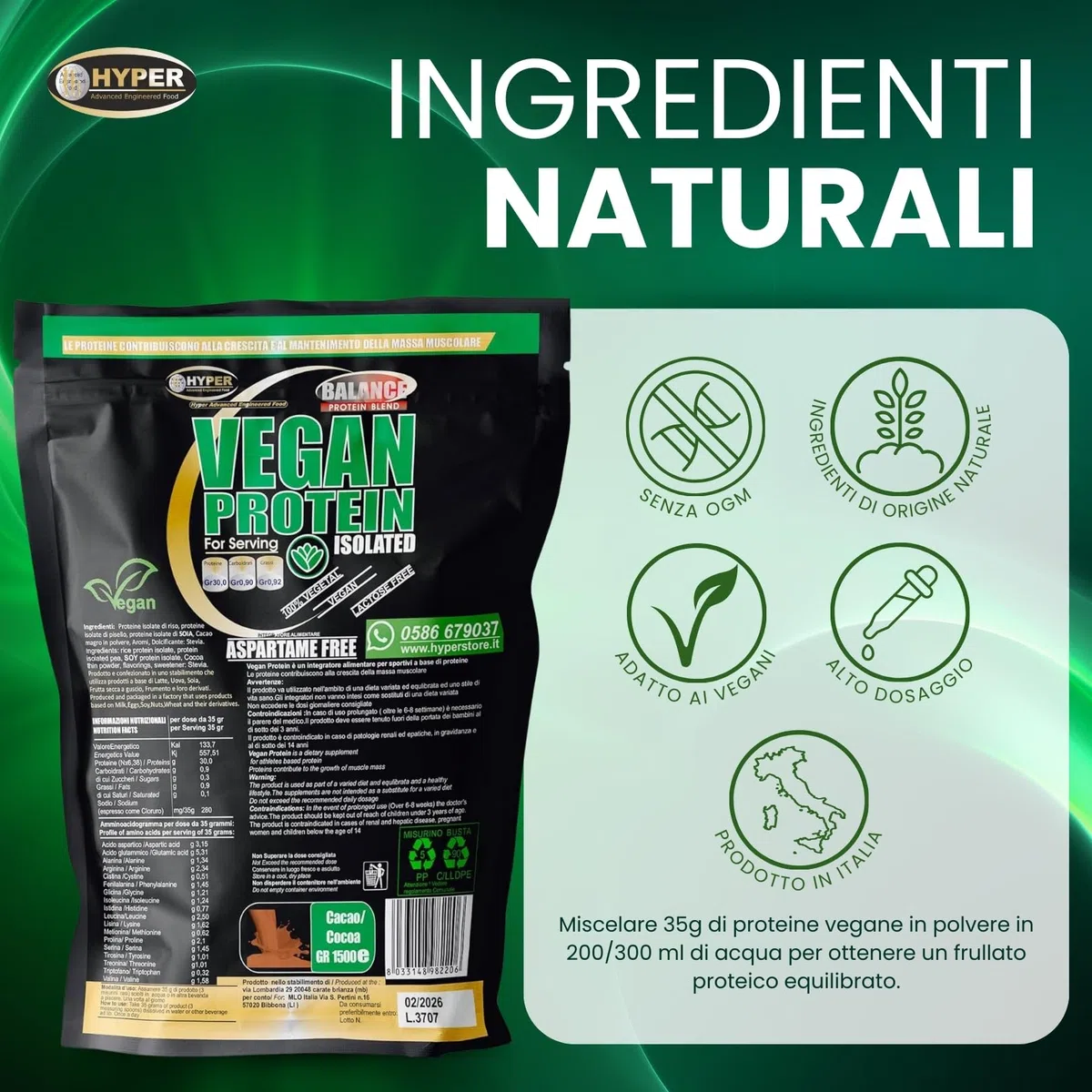 Hyper Vegan Protein 3kg Cacao - Proteine in Polvere Senza Edulcoranti - Proteine in Polvere Isolate senza Glutine - Proteine in Polvere Vegane per Aumento Massa Muscolare, Favoriscono il Recupero
