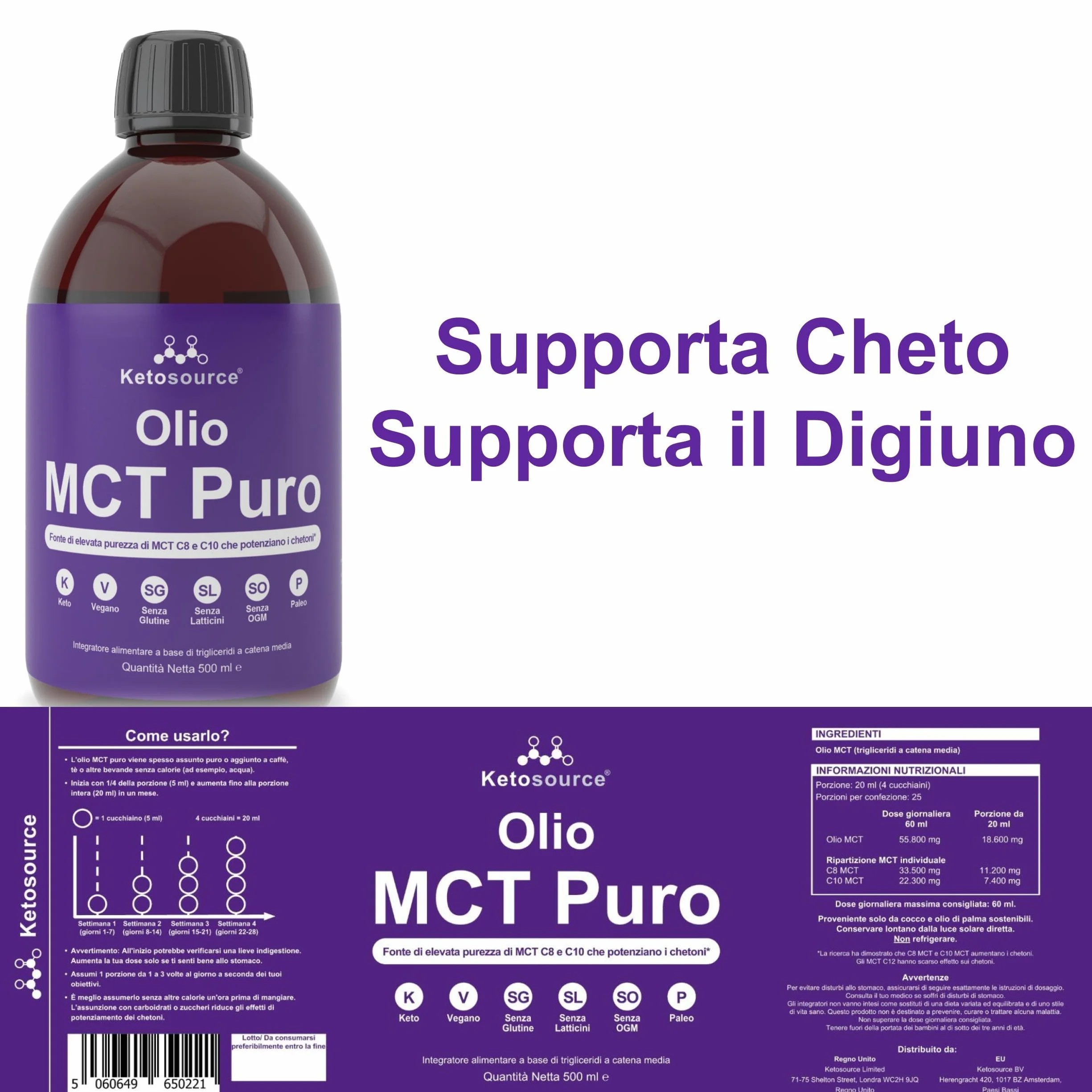Olio MCT puro Ketosource® C8 C10 500ml - Supporta cheto, vegano, senza glutine
