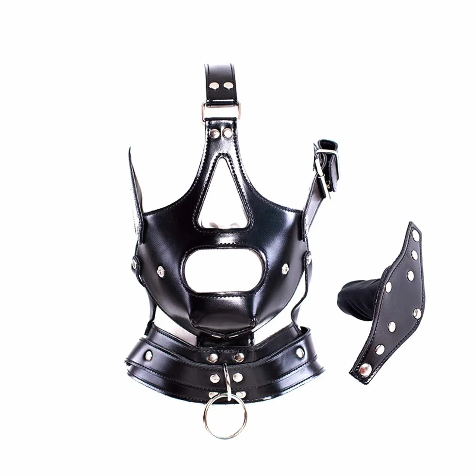 SM Maschera bondage in pelle regolabile con cappuccio e bavaglio per schiavi