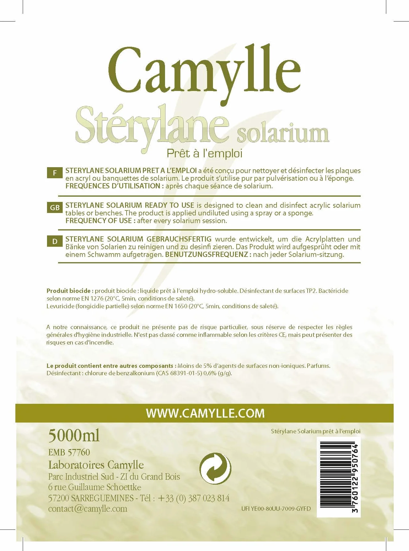 STERYLANE Solarium Detergente e Disinfettante Piastre Acrilico 5000 Ml