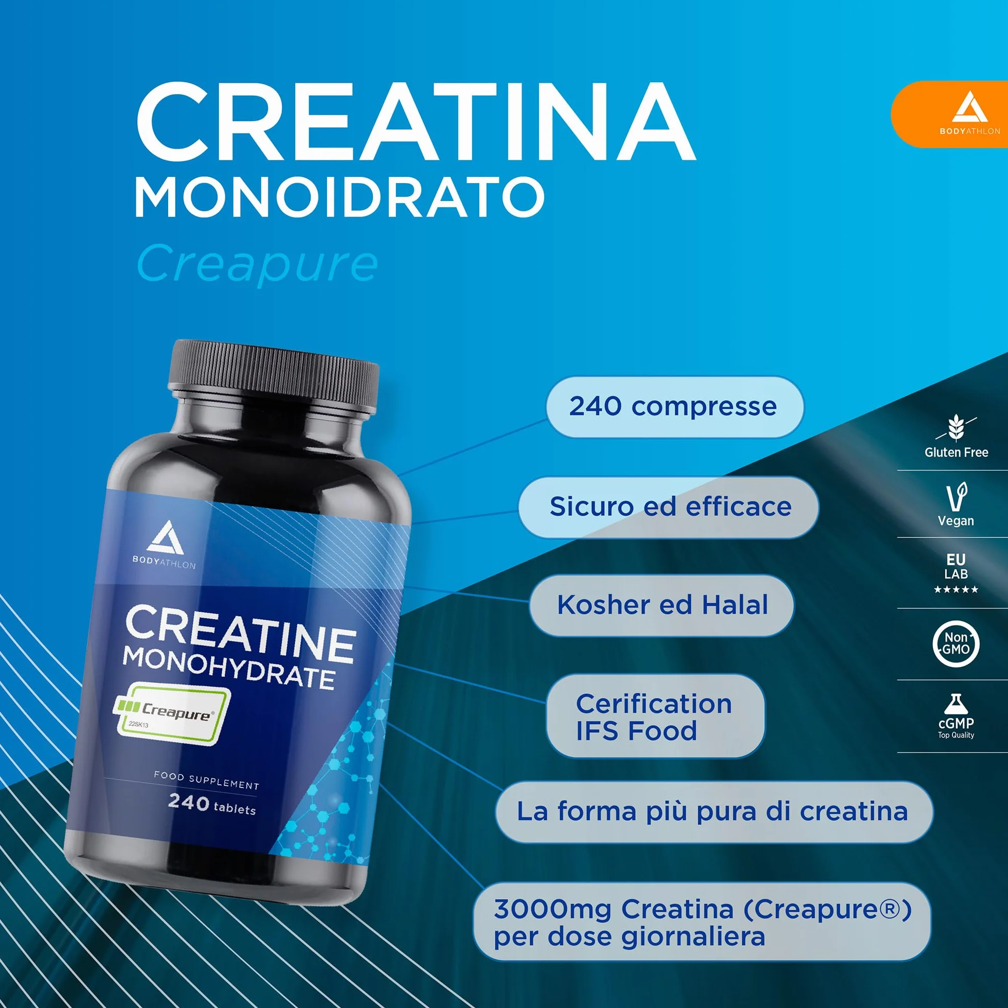 Creatina Creapure® Monoidrata 240 compresse 3000mg per dose Solubile in acqua Vegan