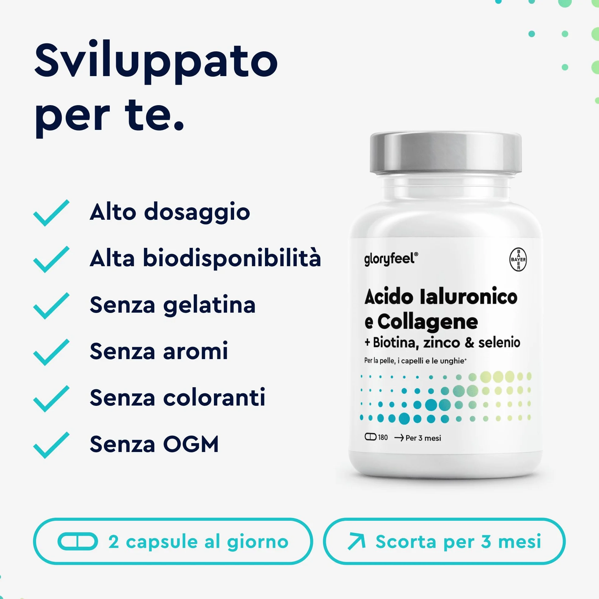 Collagene e Acido Ialuronico Integratore 180 Capsule con Vitamina C, Biotina, Zinco, Selenio 1000mg + 200mg
