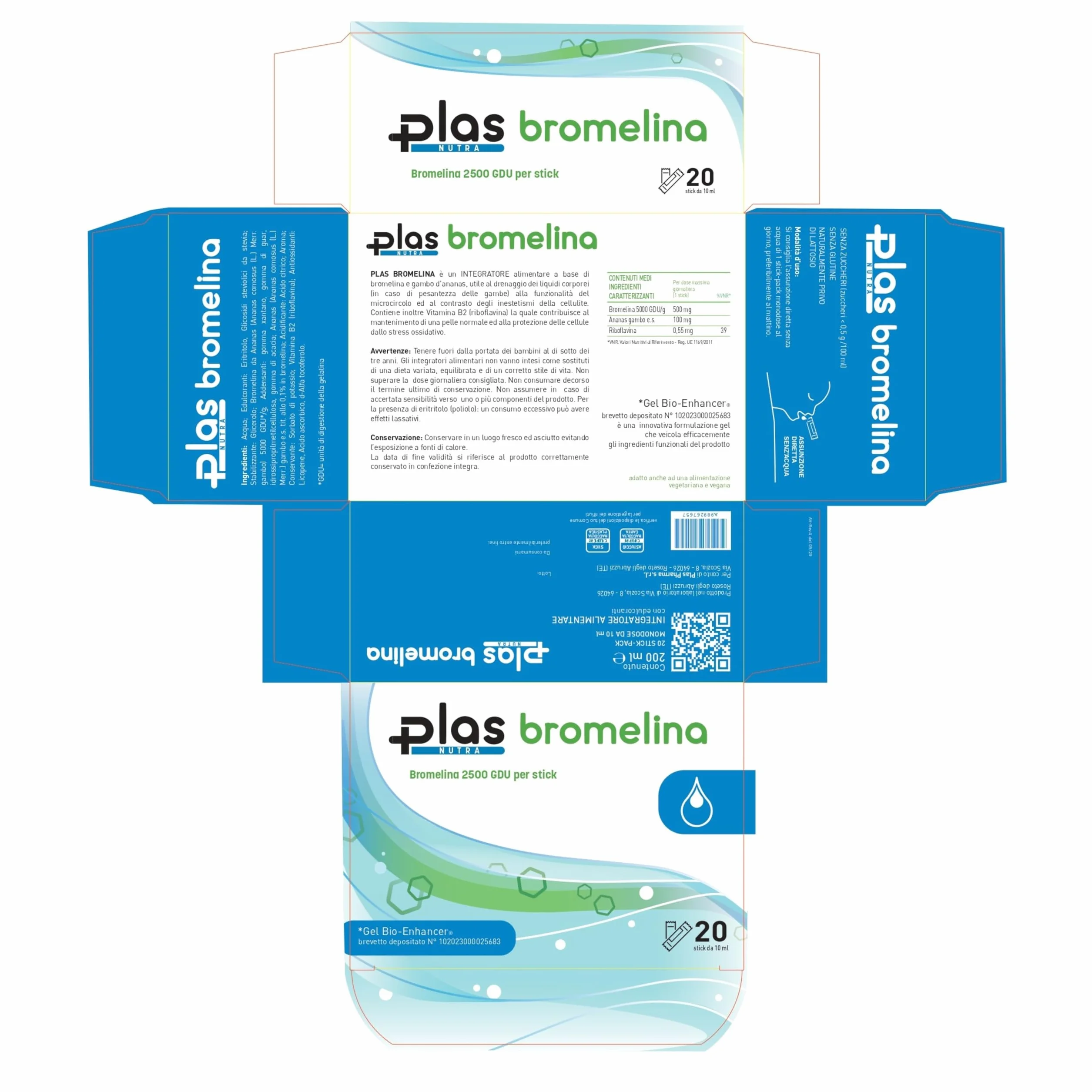 Plas Pharma Bromelina Forte Drenante 2500 GDU per Stick Anticellulite 20 Stick Gel Gusto Ananas Made in Italy