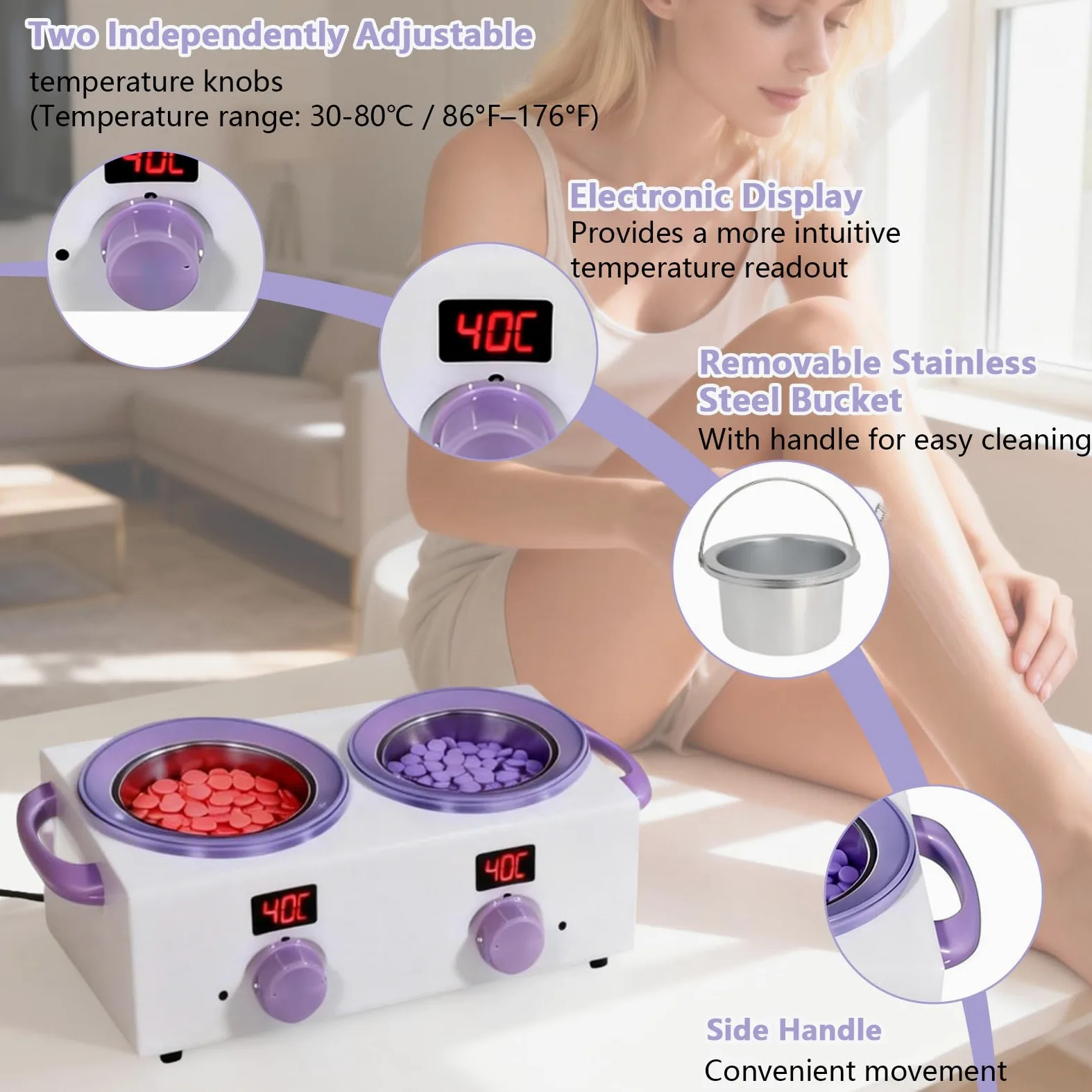 Scaldacera doppio con display elettronico, capacità totale 1 l, scaldacera da 220 W per depilazione con temperatura regolabile, ideale per casa, barbiere, salone