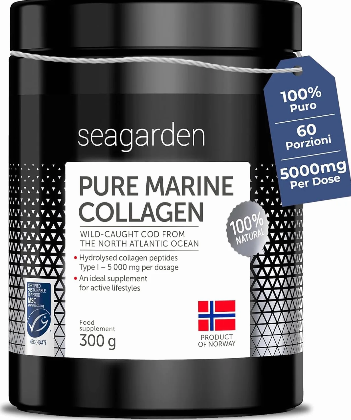 Seagarden Collagene Marino in Polvere 5000mg Integratore Capelli Pelle Ossa Articolazioni Non Aromatizzato 300g 60 porzioni