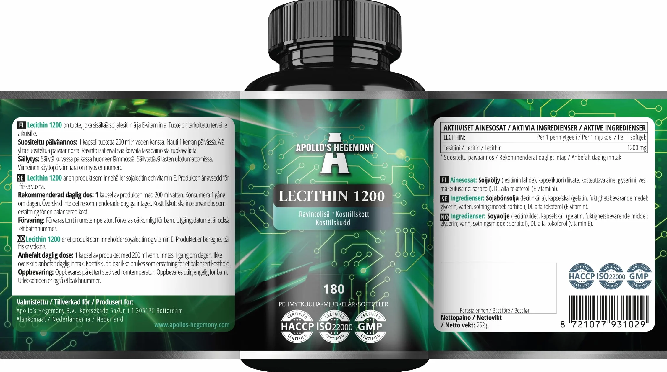 Lecitina 1200mg con Vitamina E 180 Capsule Softgel Integratore di Lecitina di Soia