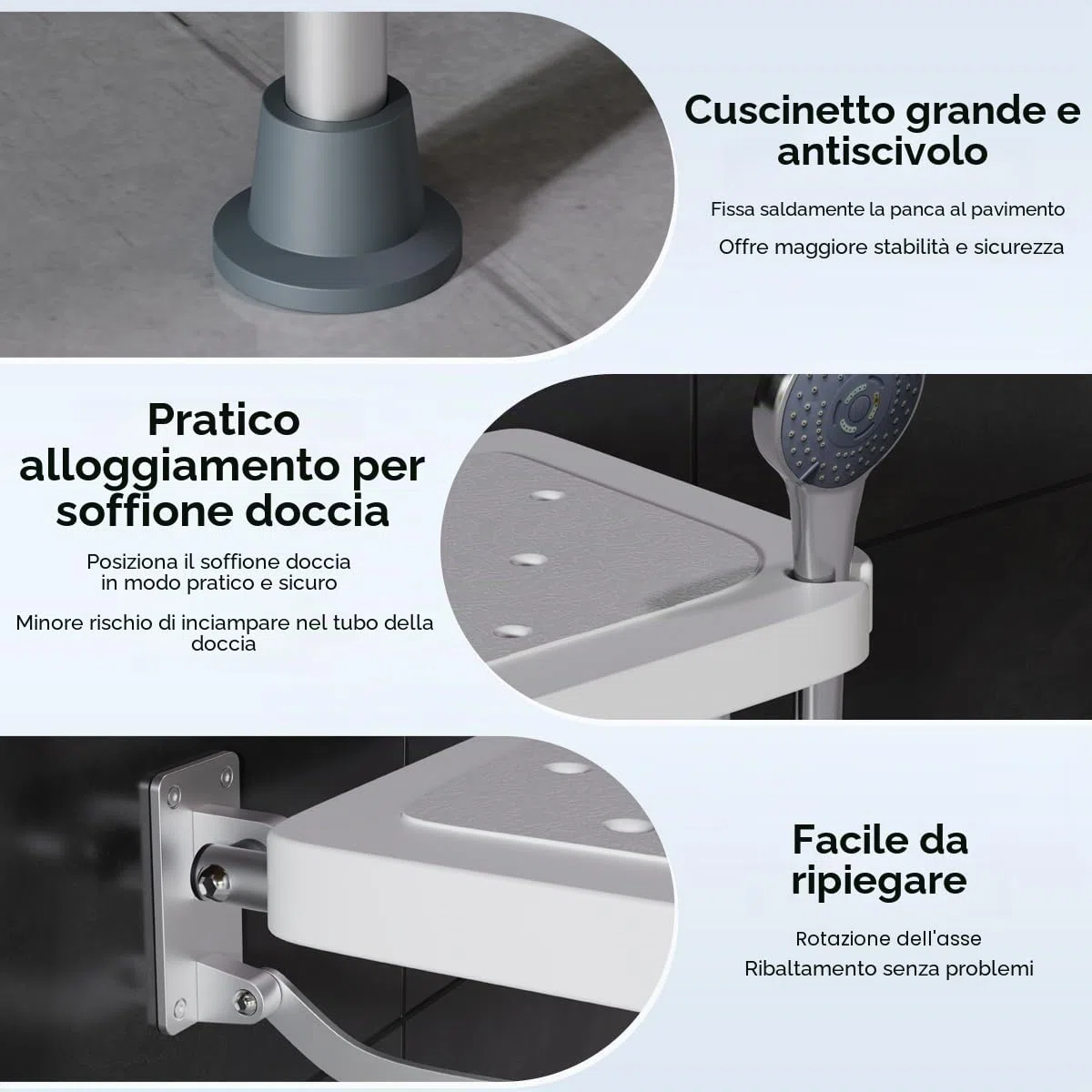 Sgabello da doccia pieghevole a parete, sedile doccia alto 42 cm, con piedini antiscivolo, foro di drenaggio, fessura per soffione doccia,adatto per anziani e disabili