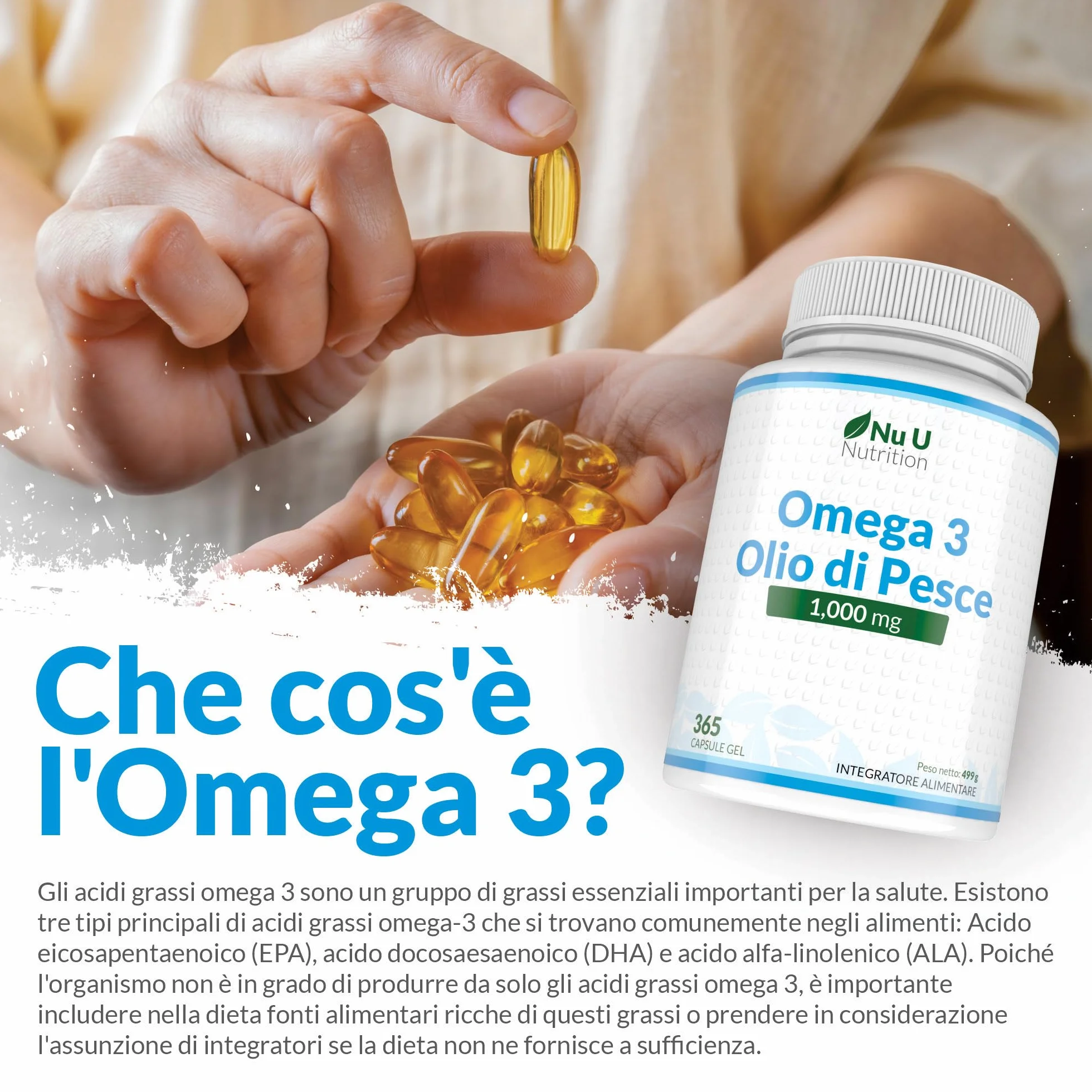 Nu U Nutrition Omega 3 Olio di Pesce 1000mg TG 365 Capsule Softgels EPA DHA
